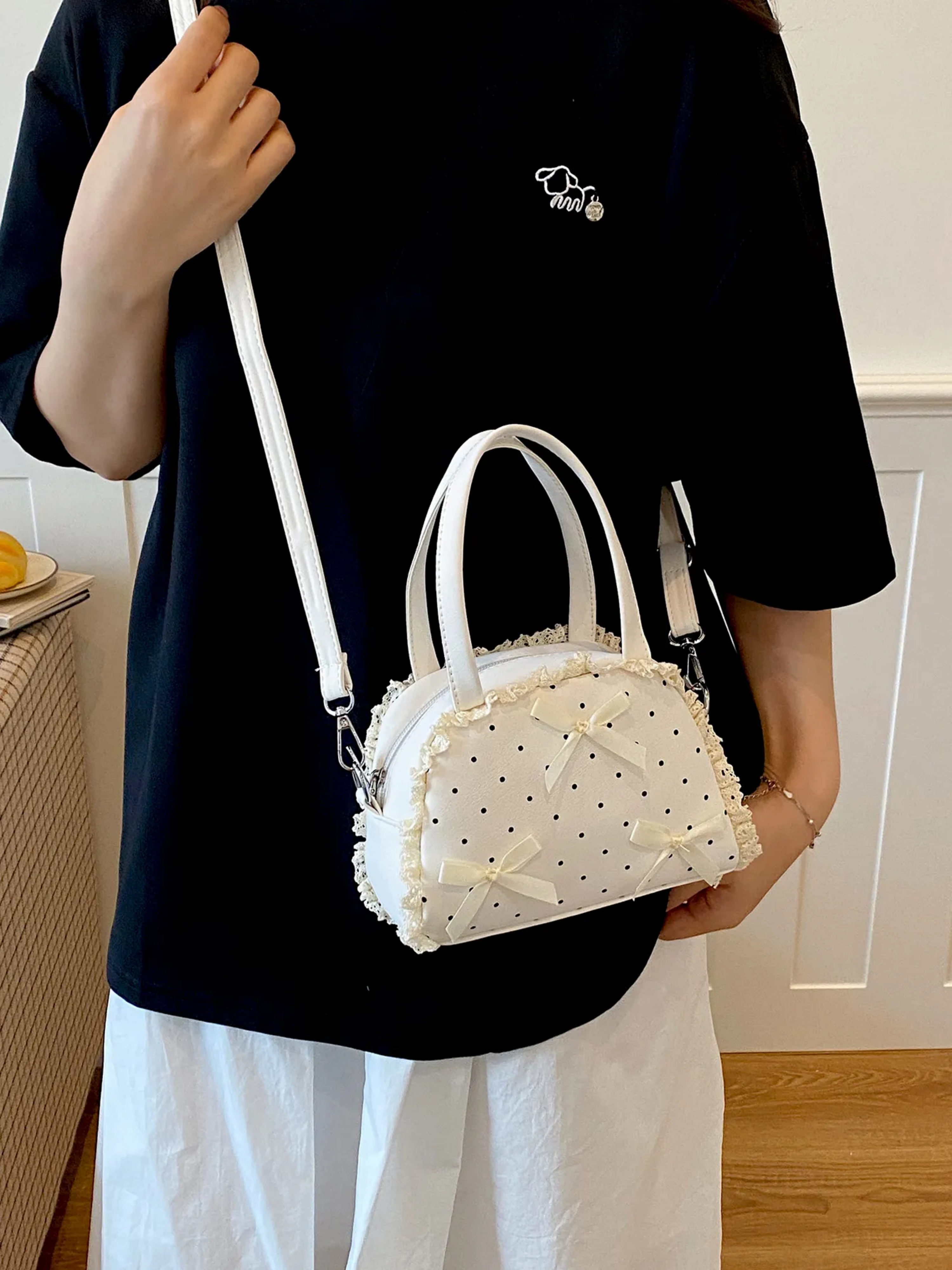 White Printed Handbag with Zip