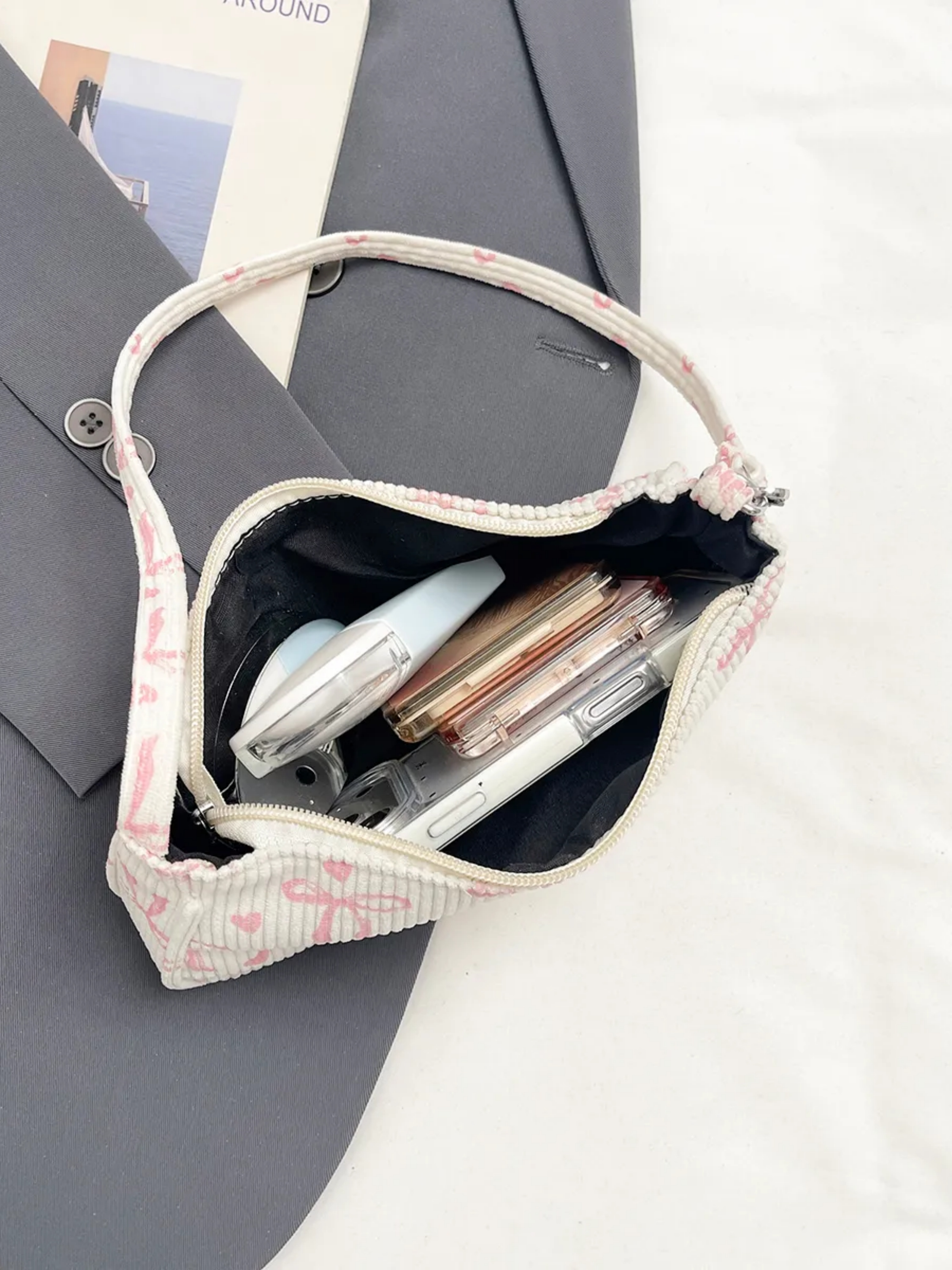White Printed Shoulder Bag with Zip