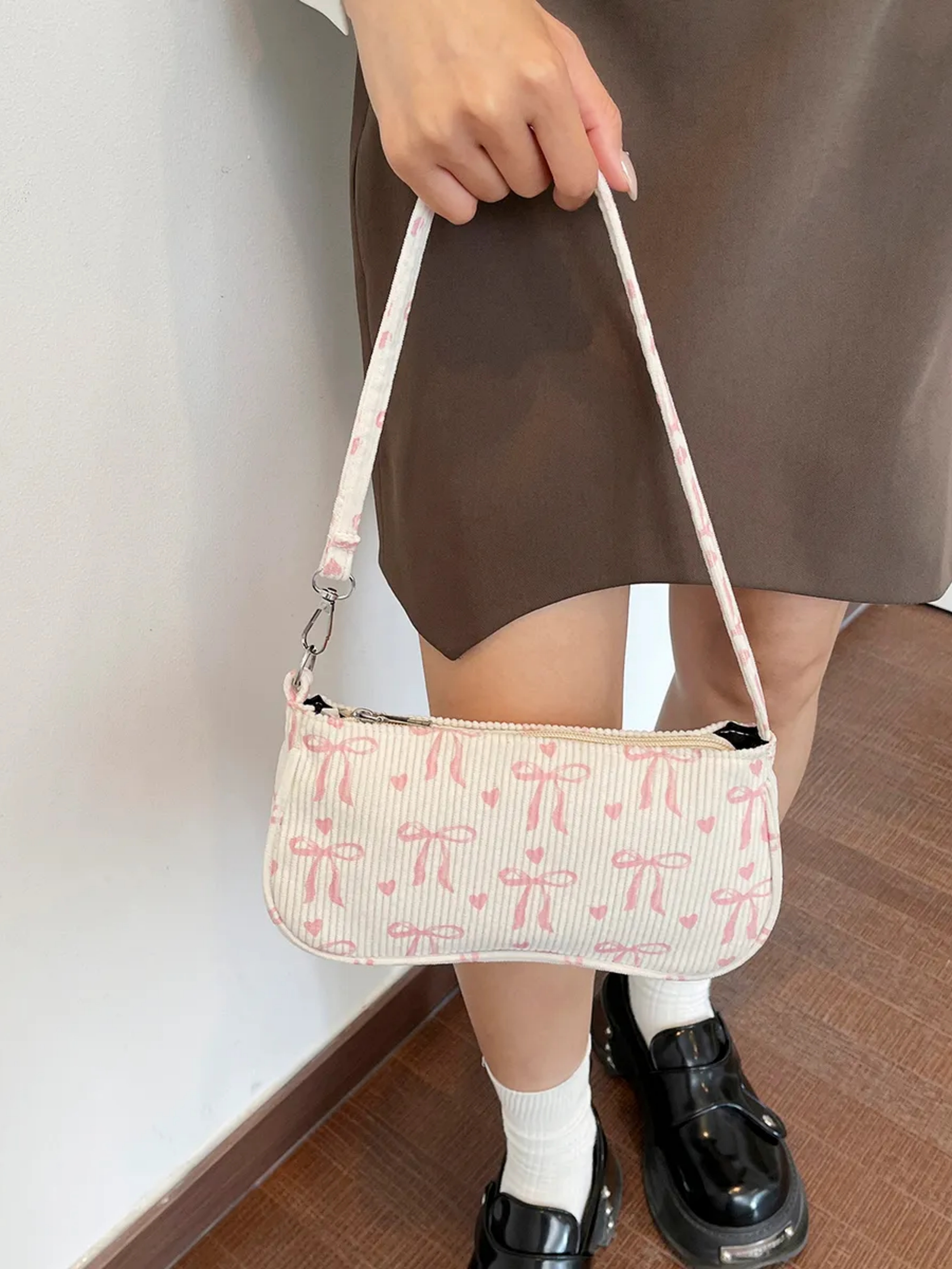White Printed Shoulder Bag with Zip