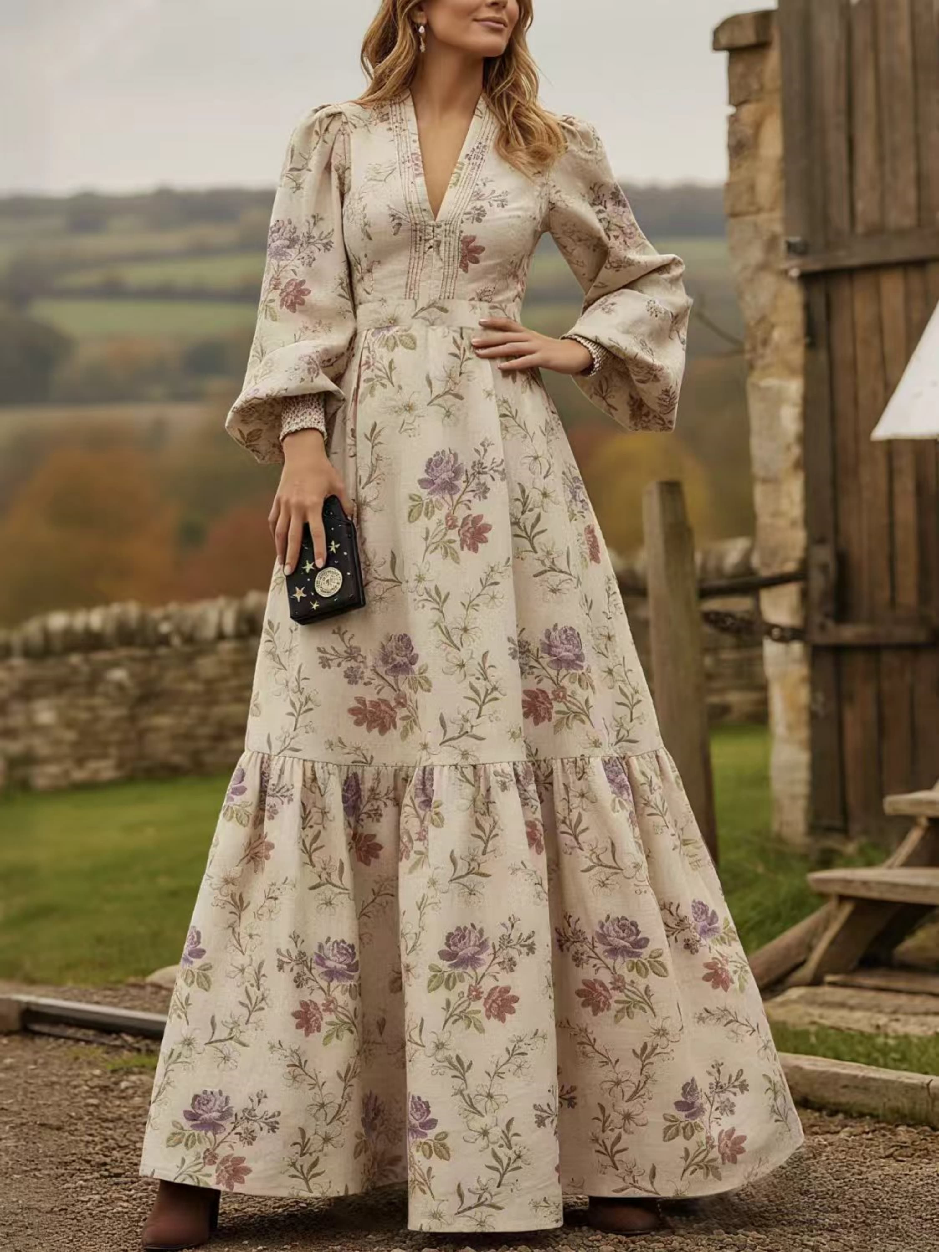 V Neck Puff Long Sleeve Floral Maxi Dress