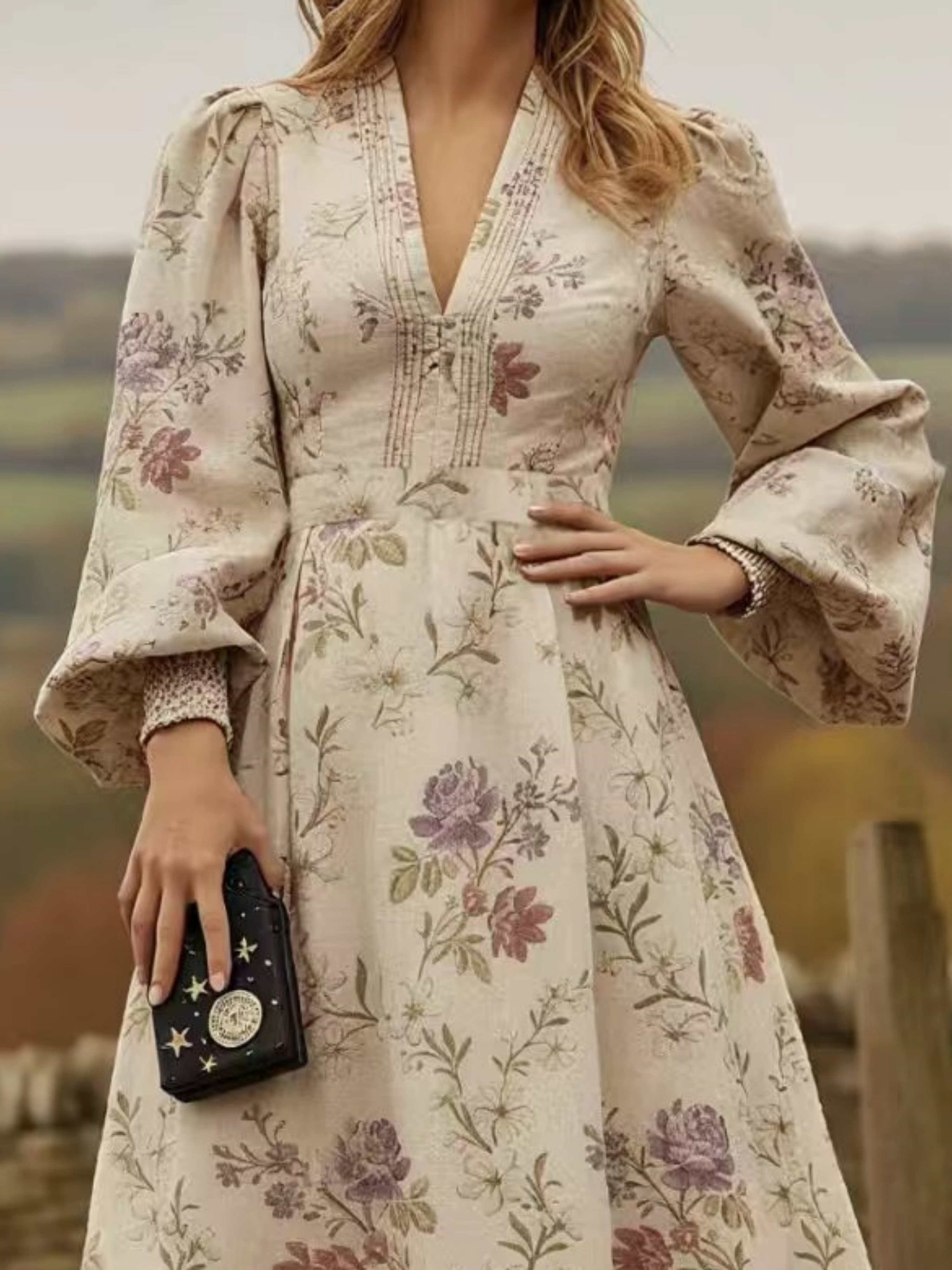 V Neck Puff Long Sleeve Floral Maxi Dress