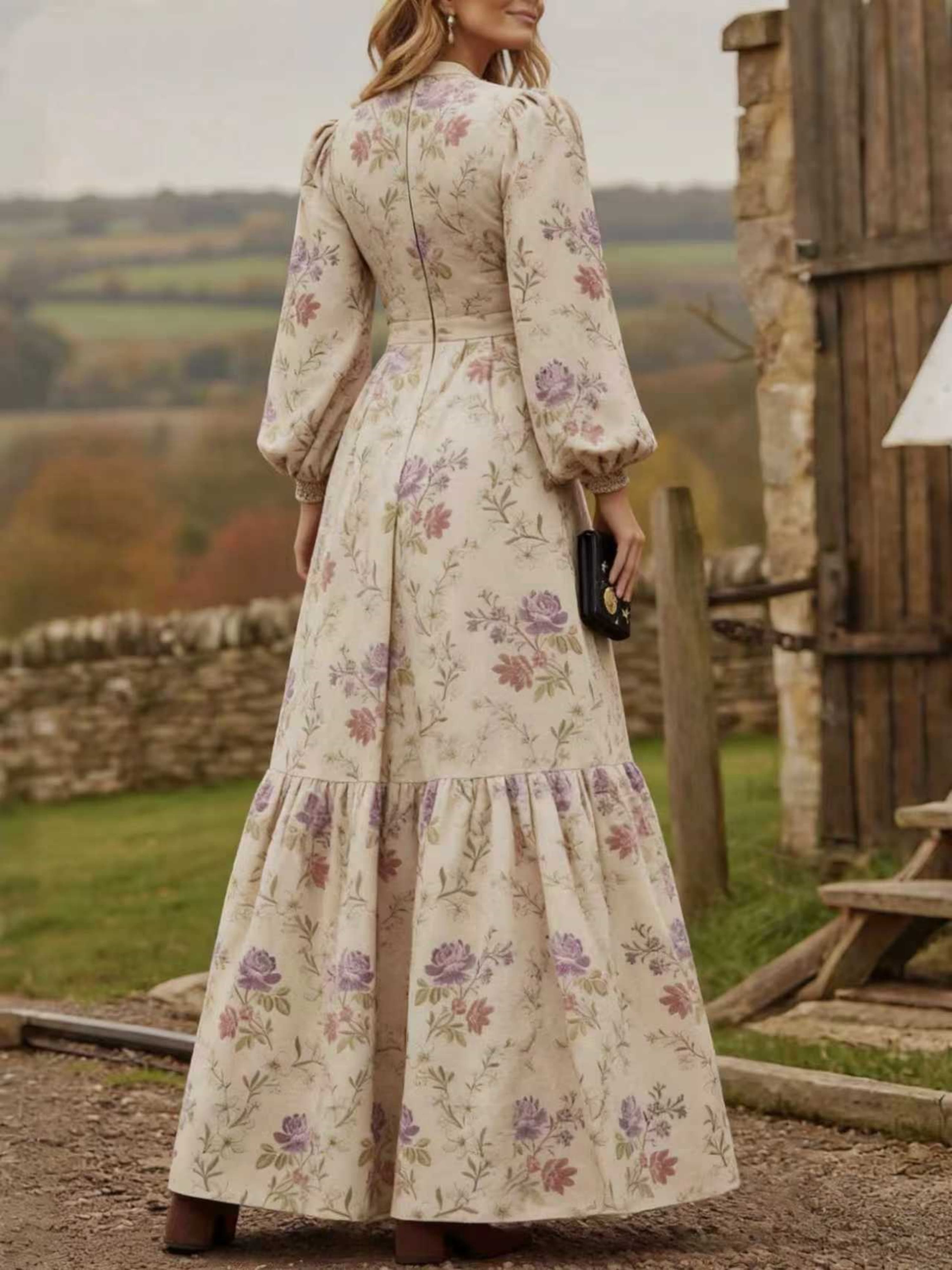 V Neck Puff Long Sleeve Floral Maxi Dress