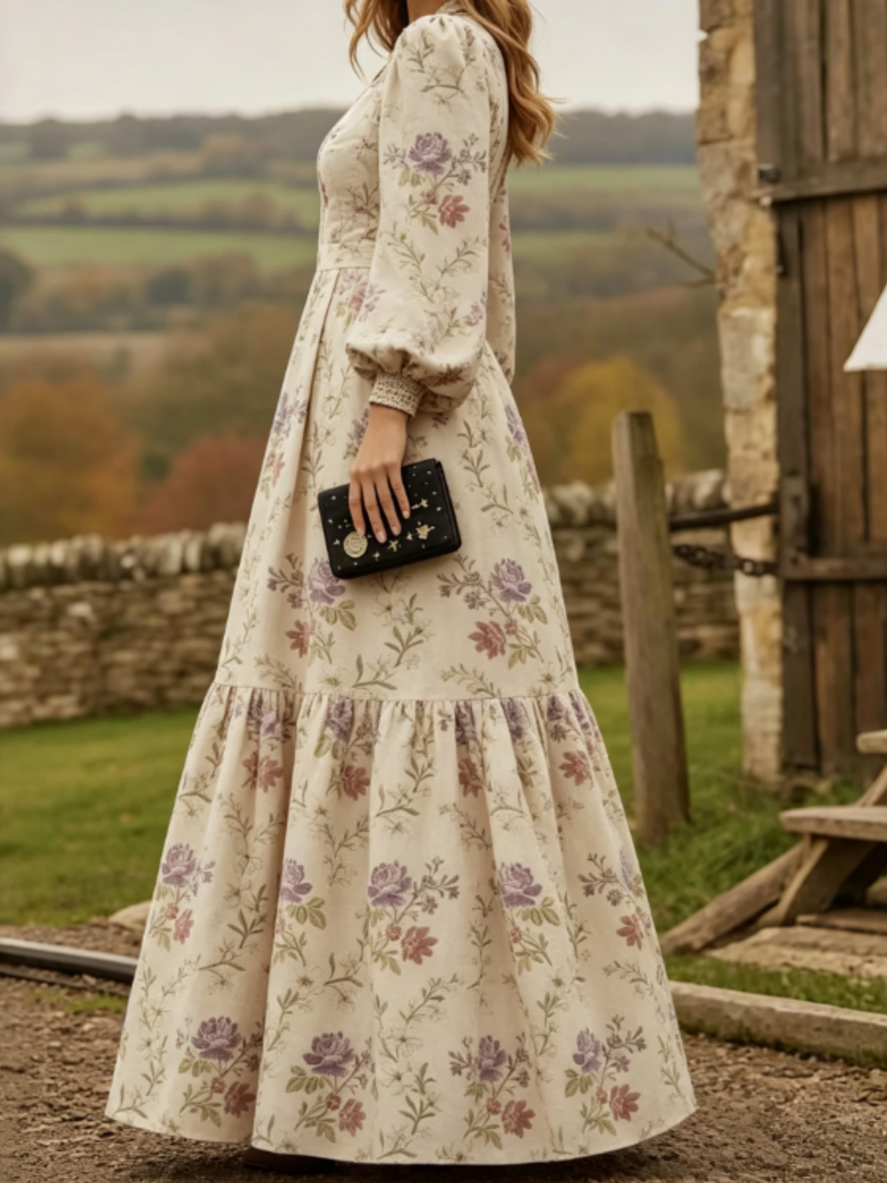 V Neck Puff Long Sleeve Floral Maxi Dress