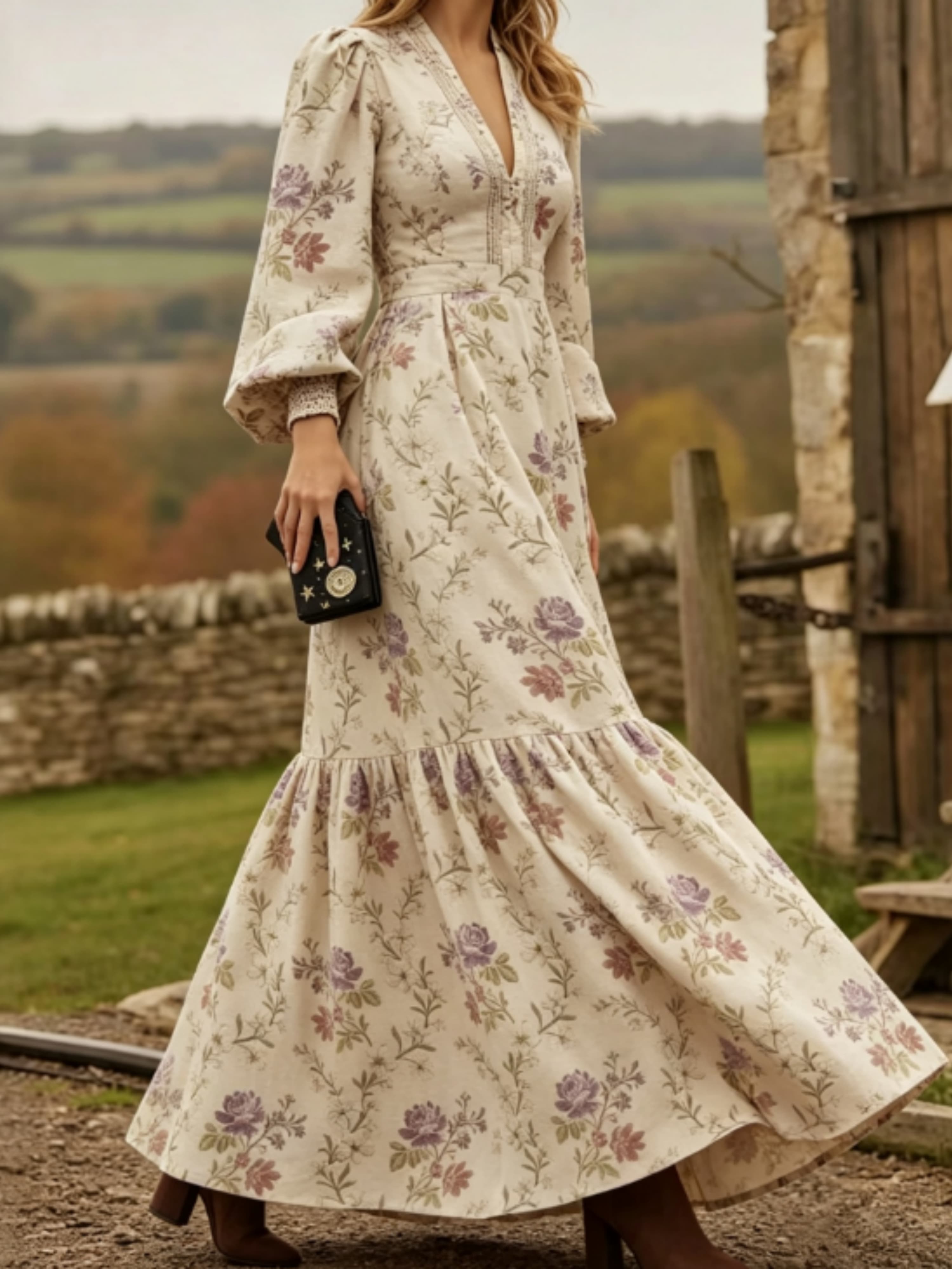 V Neck Puff Long Sleeve Floral Maxi Dress
