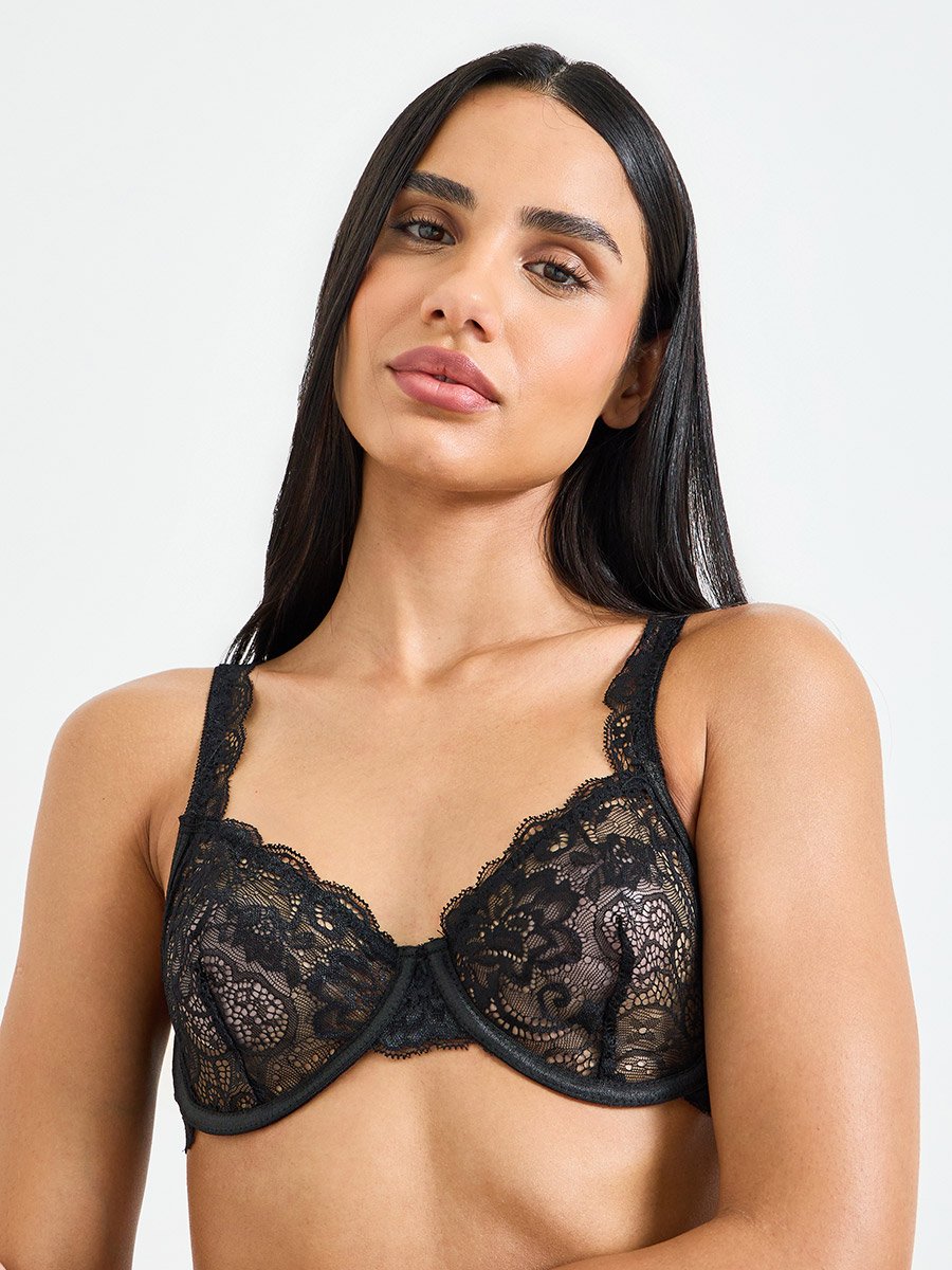 Black Lace Regular Bra and Midi Thong Lingerie Set