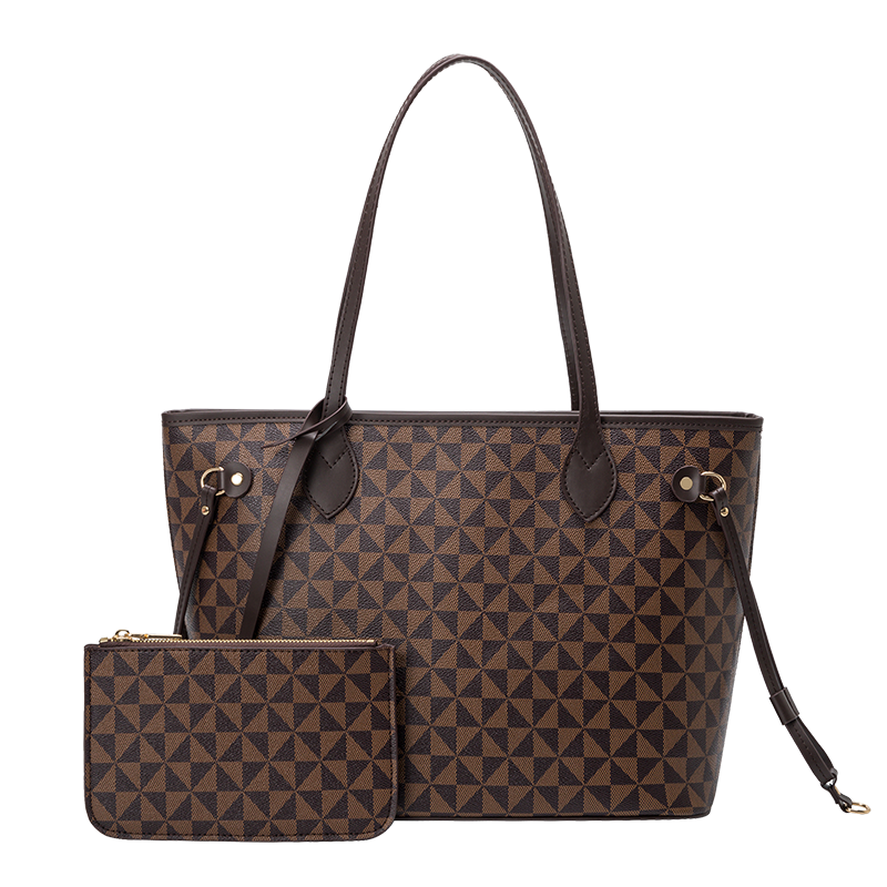Brown Geometric Tote Bag with Matching Pouch