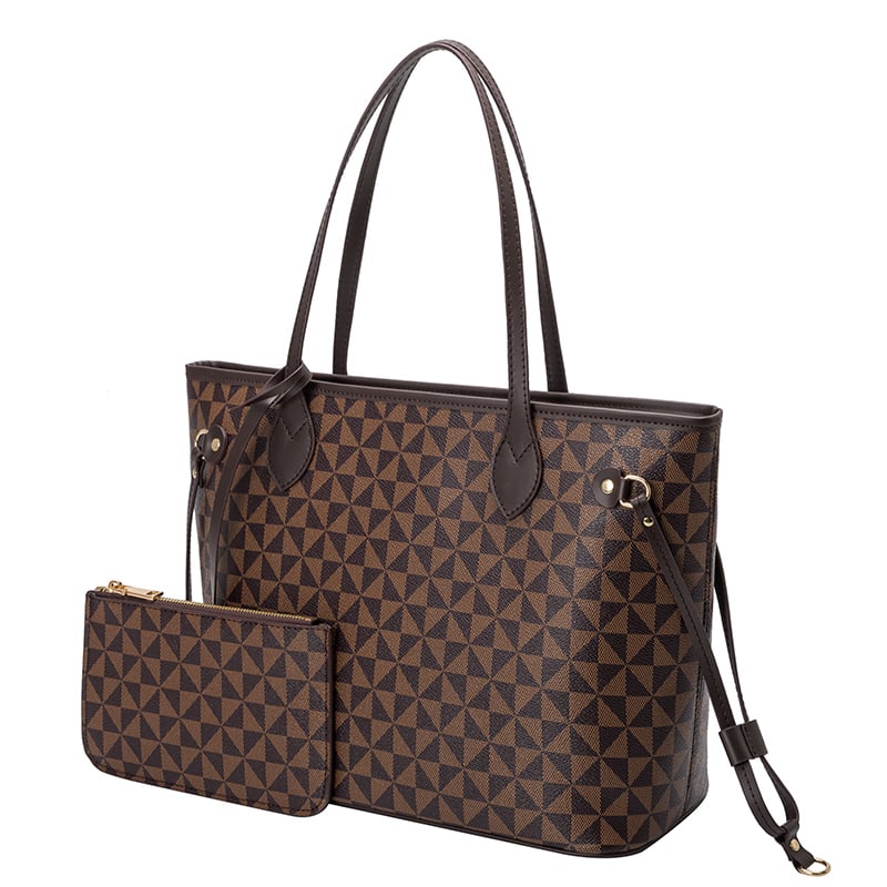 Brown Geometric Tote Bag with Matching Pouch