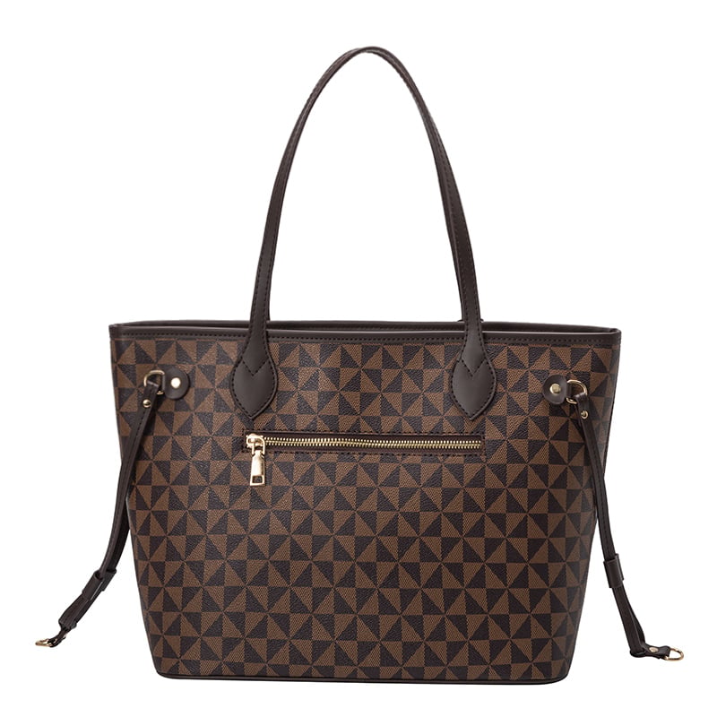 Brown Geometric Tote Bag with Matching Pouch