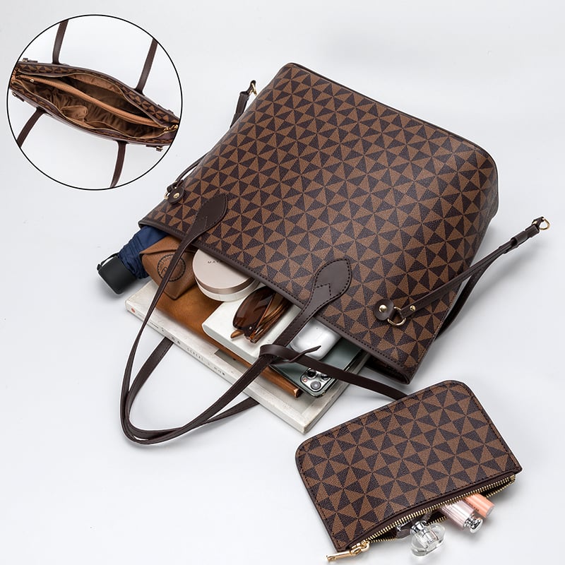 Brown Geometric Tote Bag with Matching Pouch