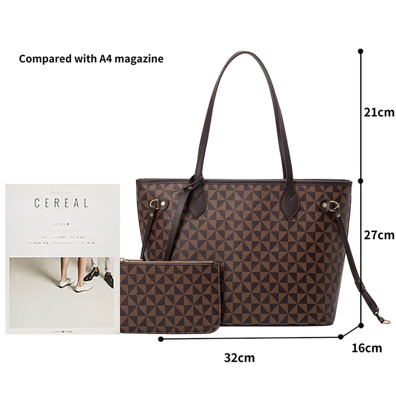 Brown Geometric Tote Bag with Matching Pouch