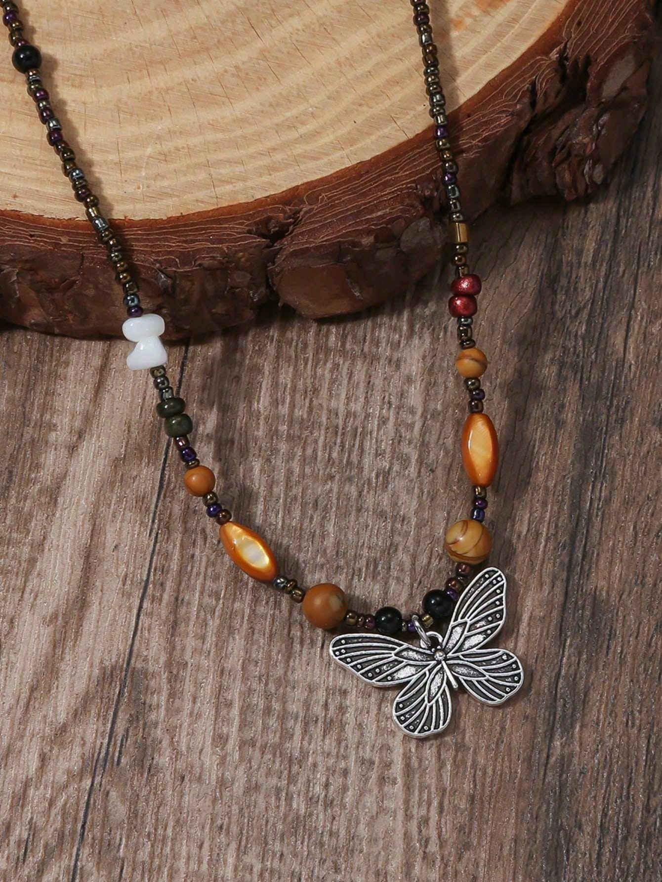 Boho Butterfly Bead Pendant Necklace