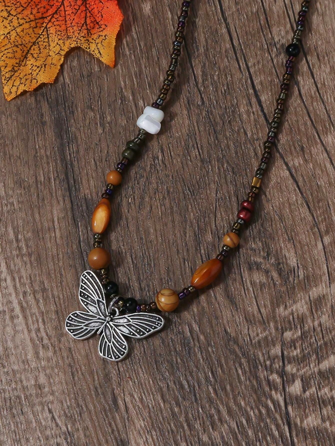 Boho Butterfly Bead Pendant Necklace