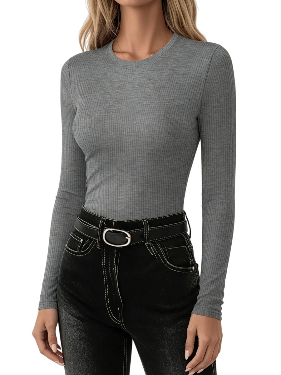 Grey Ribbed Long Sleeve Crew Neck Top