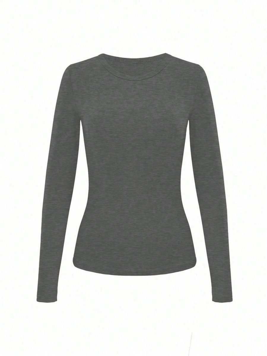 Grey Ribbed Long Sleeve Crew Neck Top