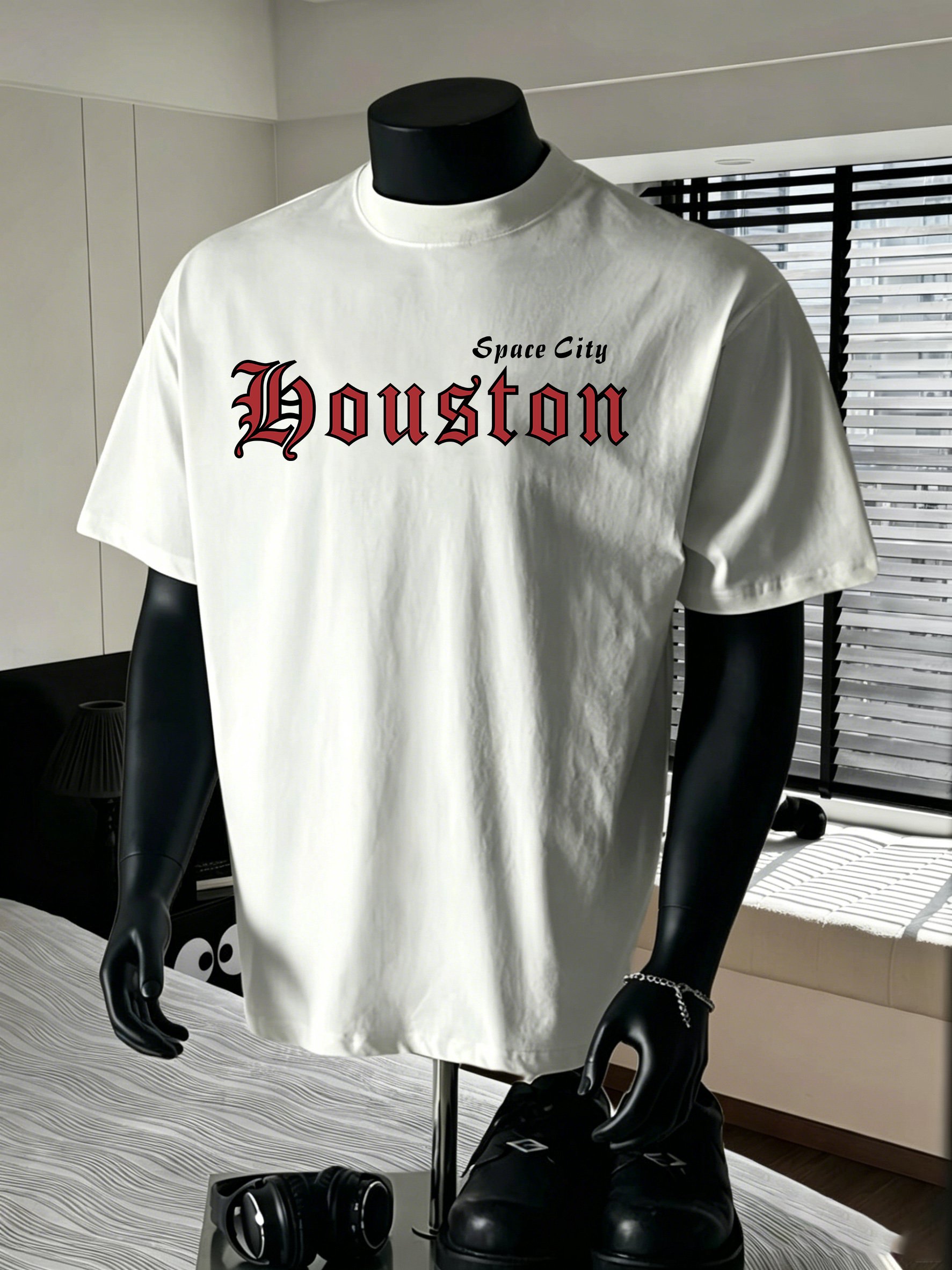 Men White Space City Houston Graphic T-Shirt