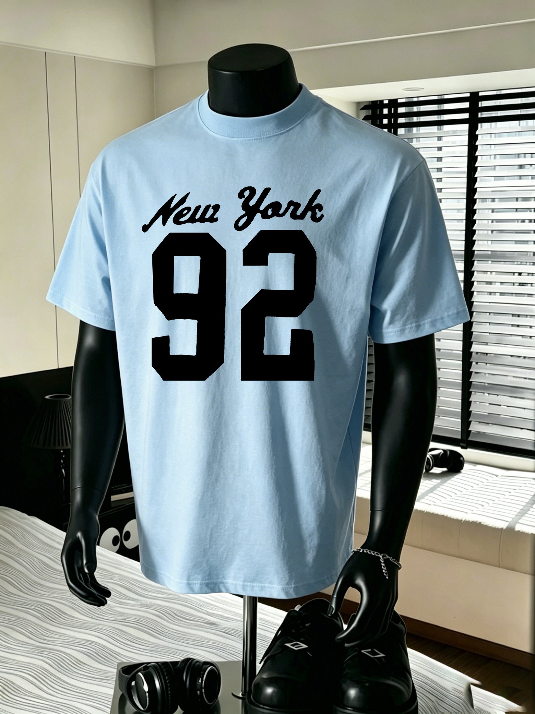 Men Blue New York 92 Knitted Short Sleeve T-Shirt