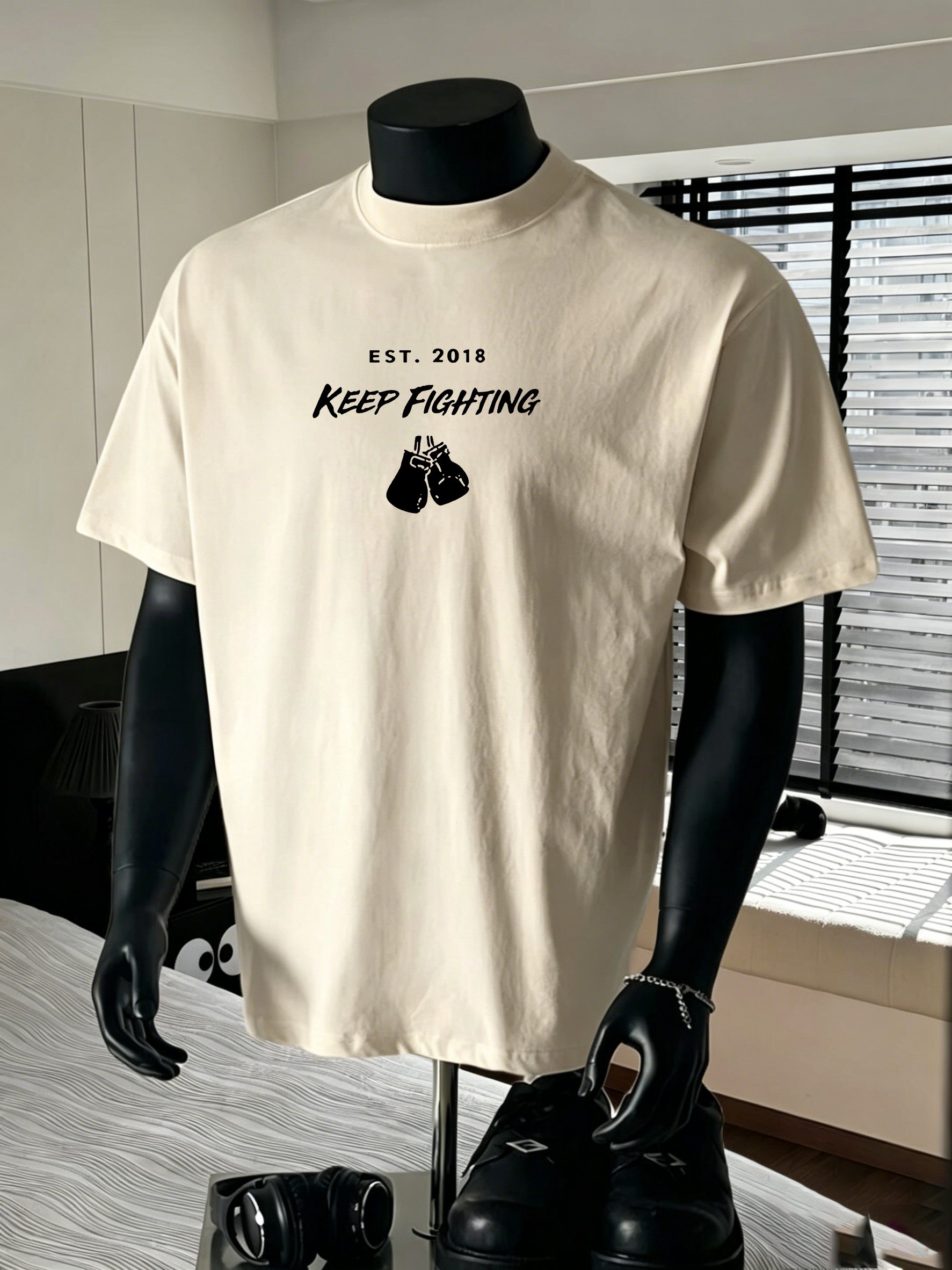 Men Beige Cotton Short Sleeve Keep Fighting Graphic T-Shirt