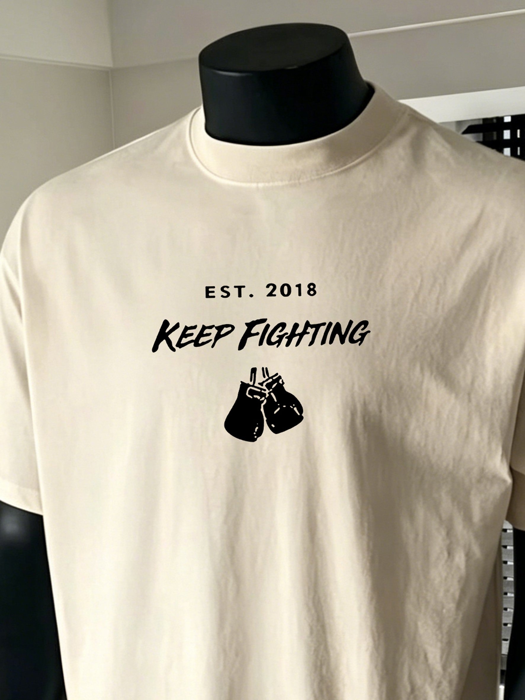 Men Beige Cotton Short Sleeve Keep Fighting Graphic T-Shirt