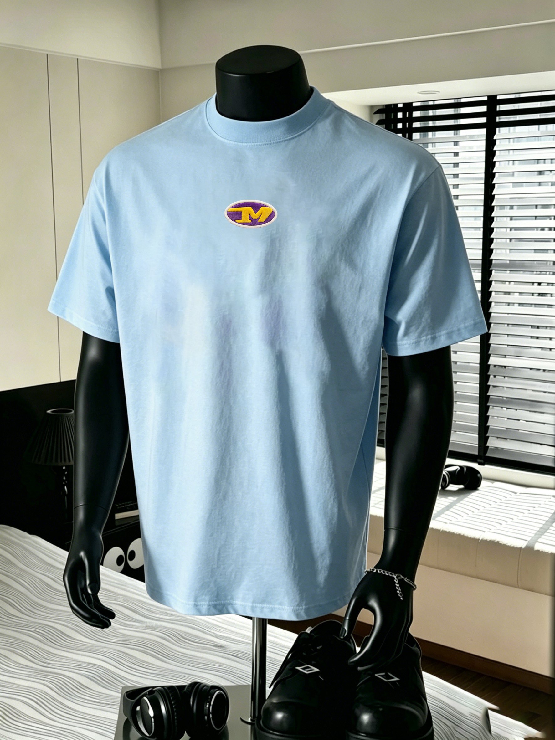 Men Blue Cotton Short Sleeve T-Shirt with Emblem