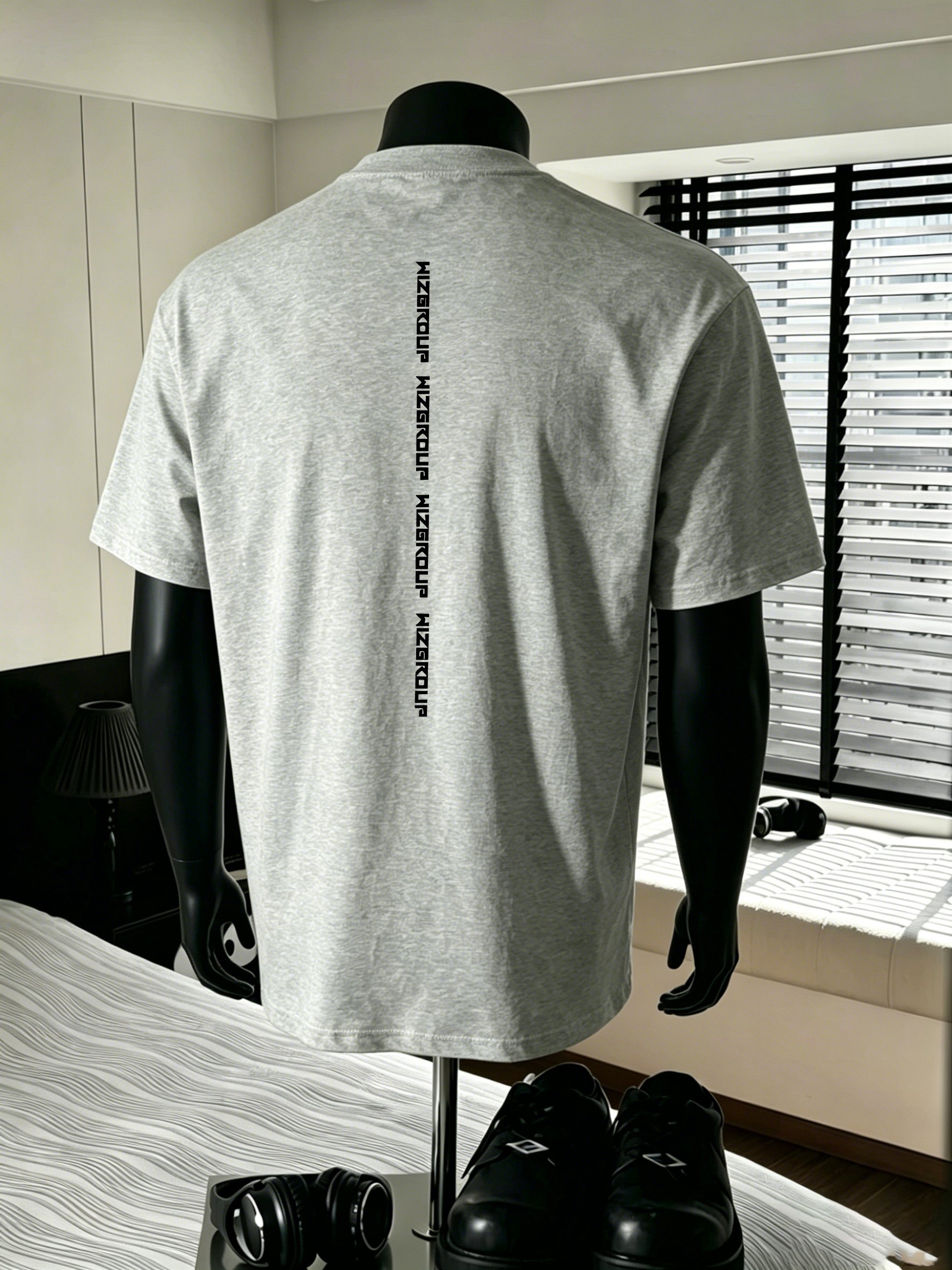 Men Grey Cotton Crew Neck T-Shirt with Vertical Logo Print