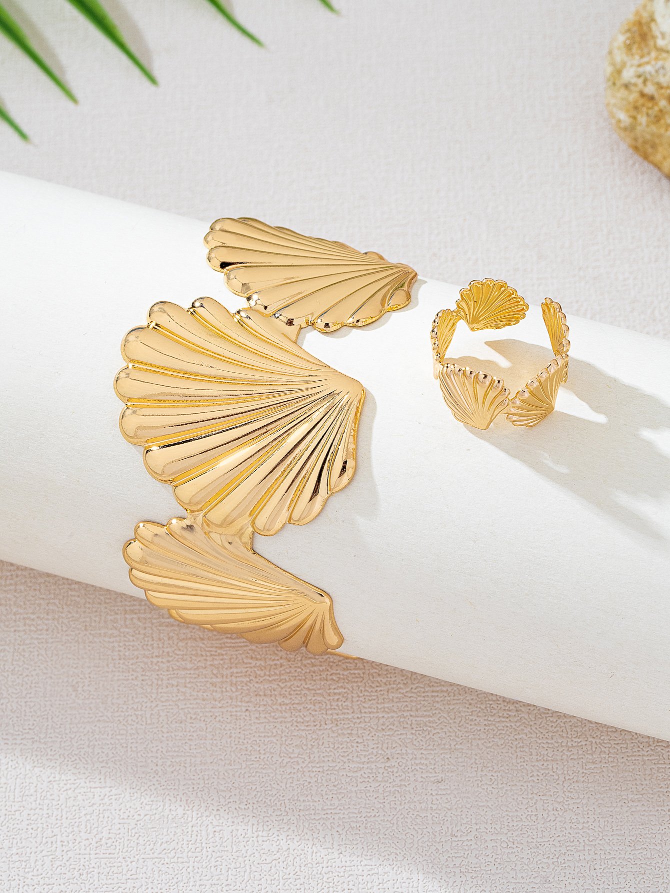 Gold Seashell Bangle and Ring Set - Casual Jewelry (Pack of 2).