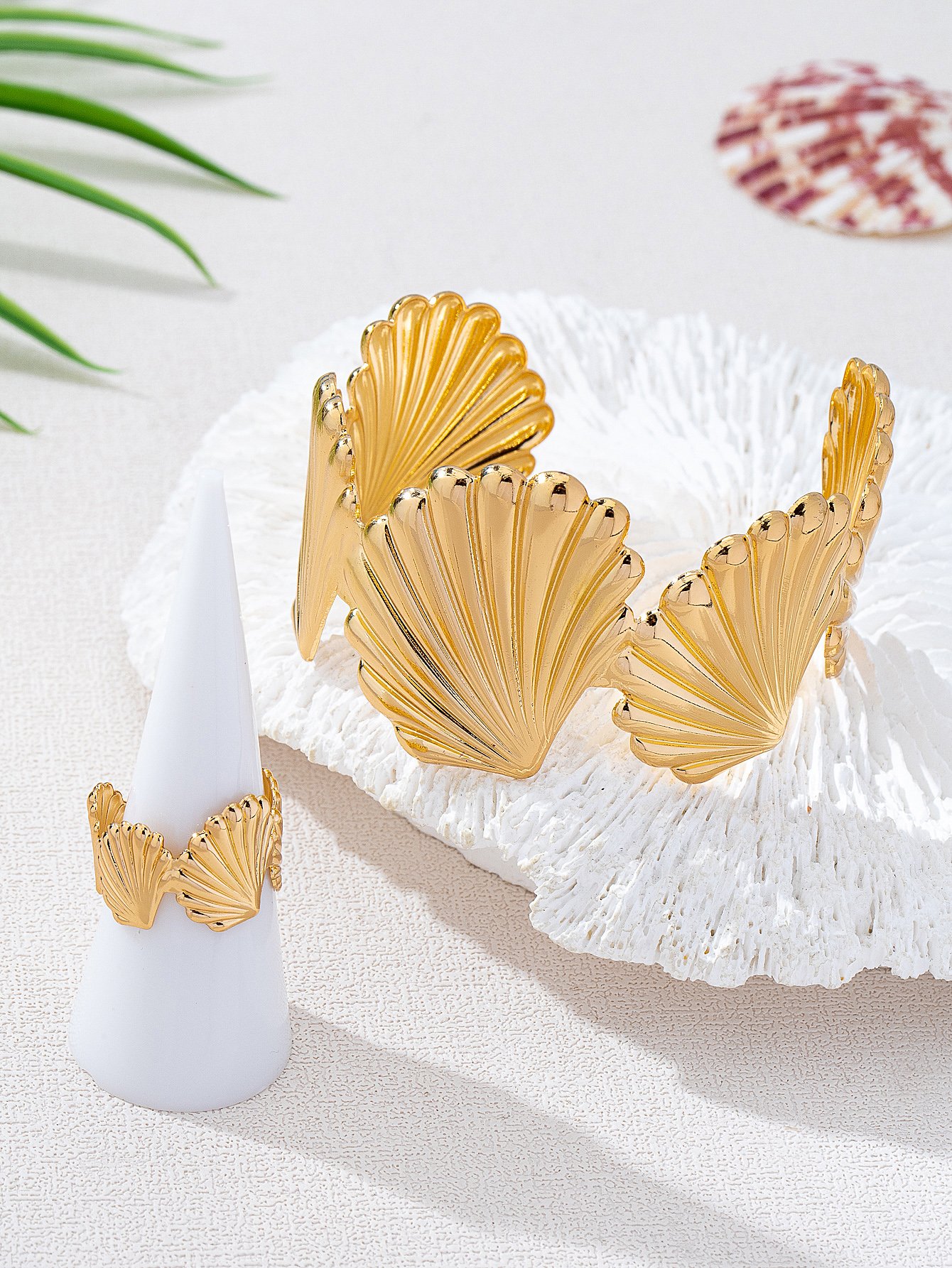 Gold Seashell Bangle and Ring Set - Casual Jewelry (Pack of 2).