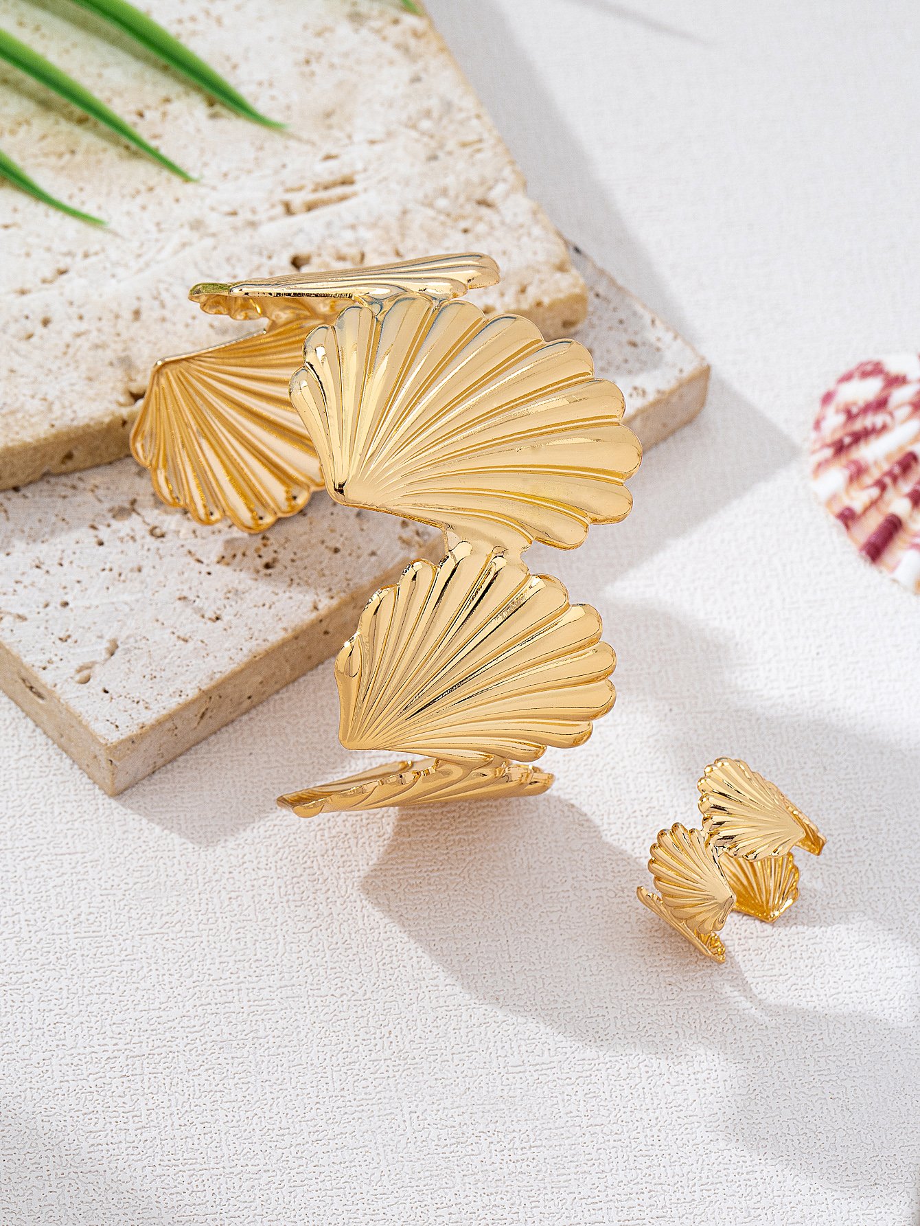 Gold Seashell Bangle and Ring Set - Casual Jewelry (Pack of 2).