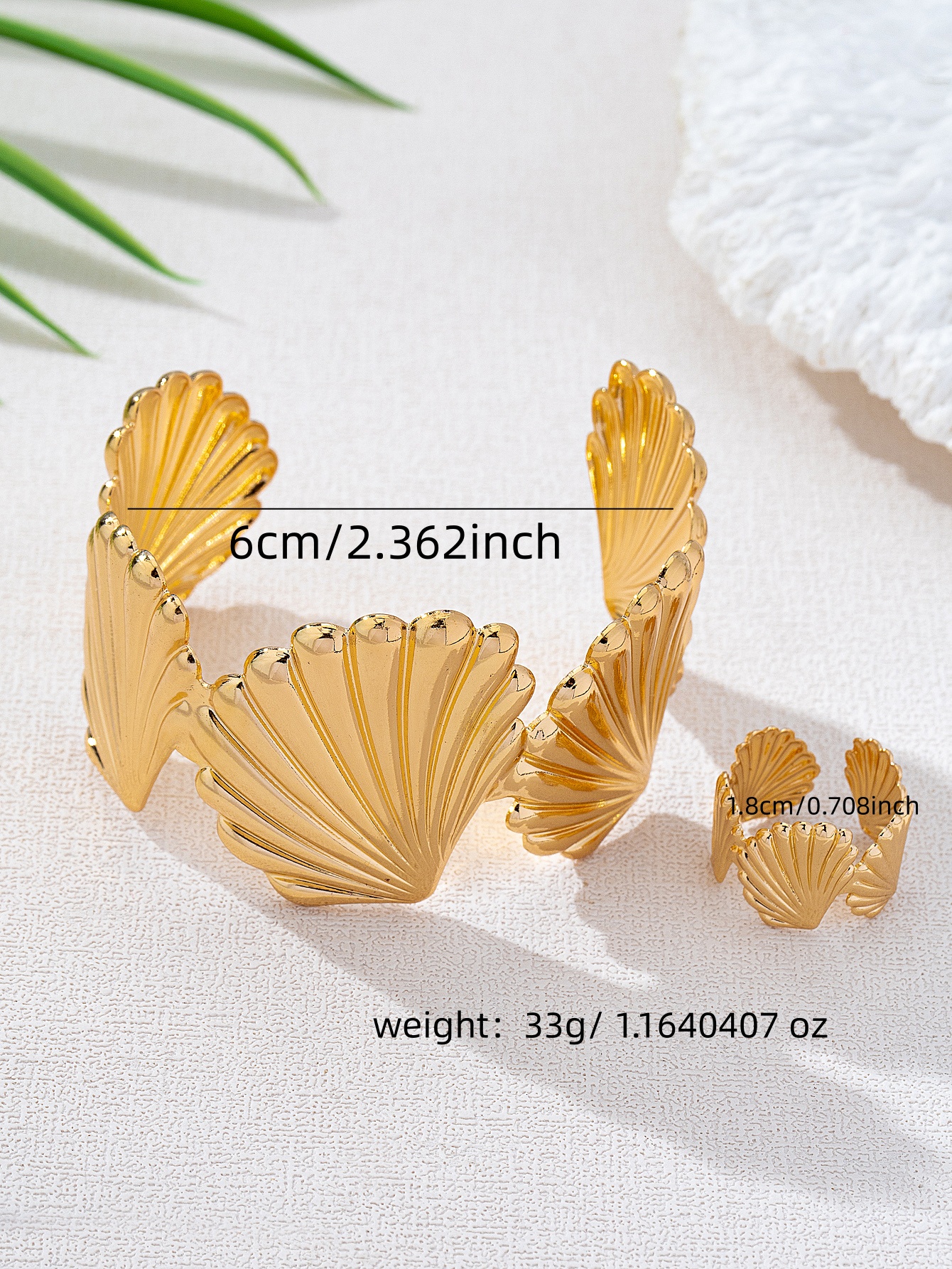 Gold Seashell Bangle and Ring Set - Casual Jewelry (Pack of 2).