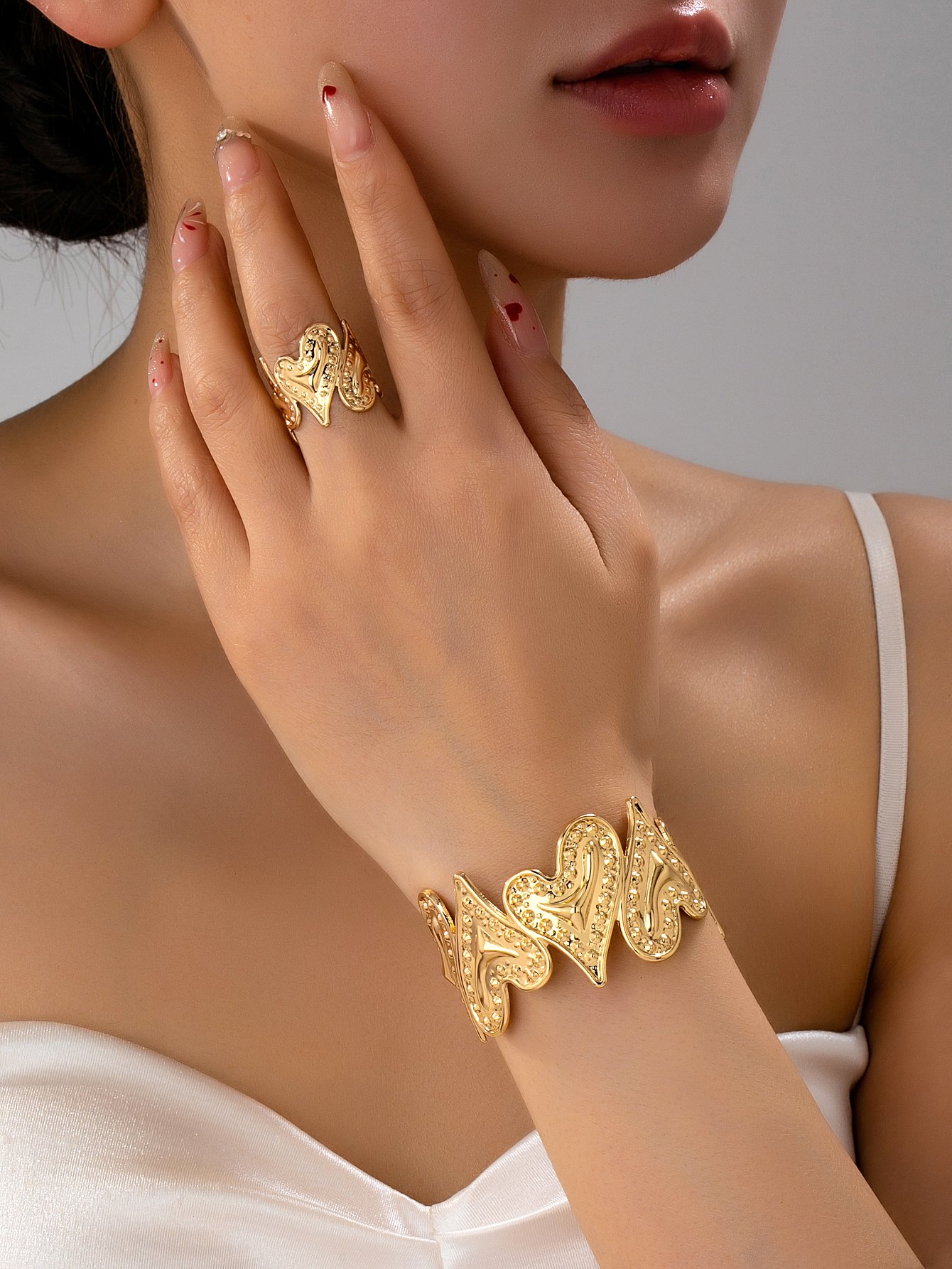 Gold Heart Bangle and Ring Set - Casual Everyday Jewelry.