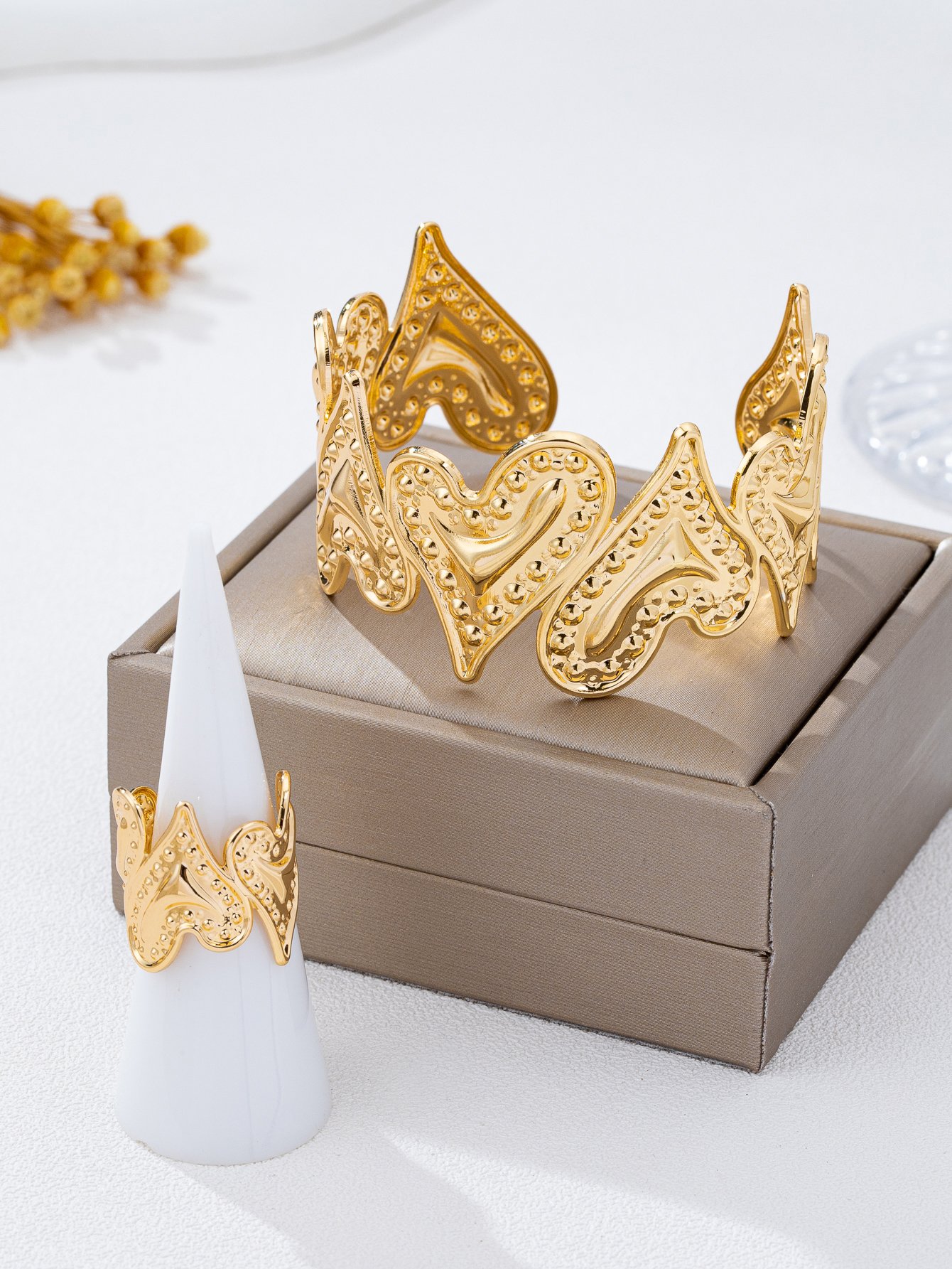 Gold Heart Bangle and Ring Set - Casual Everyday Jewelry.