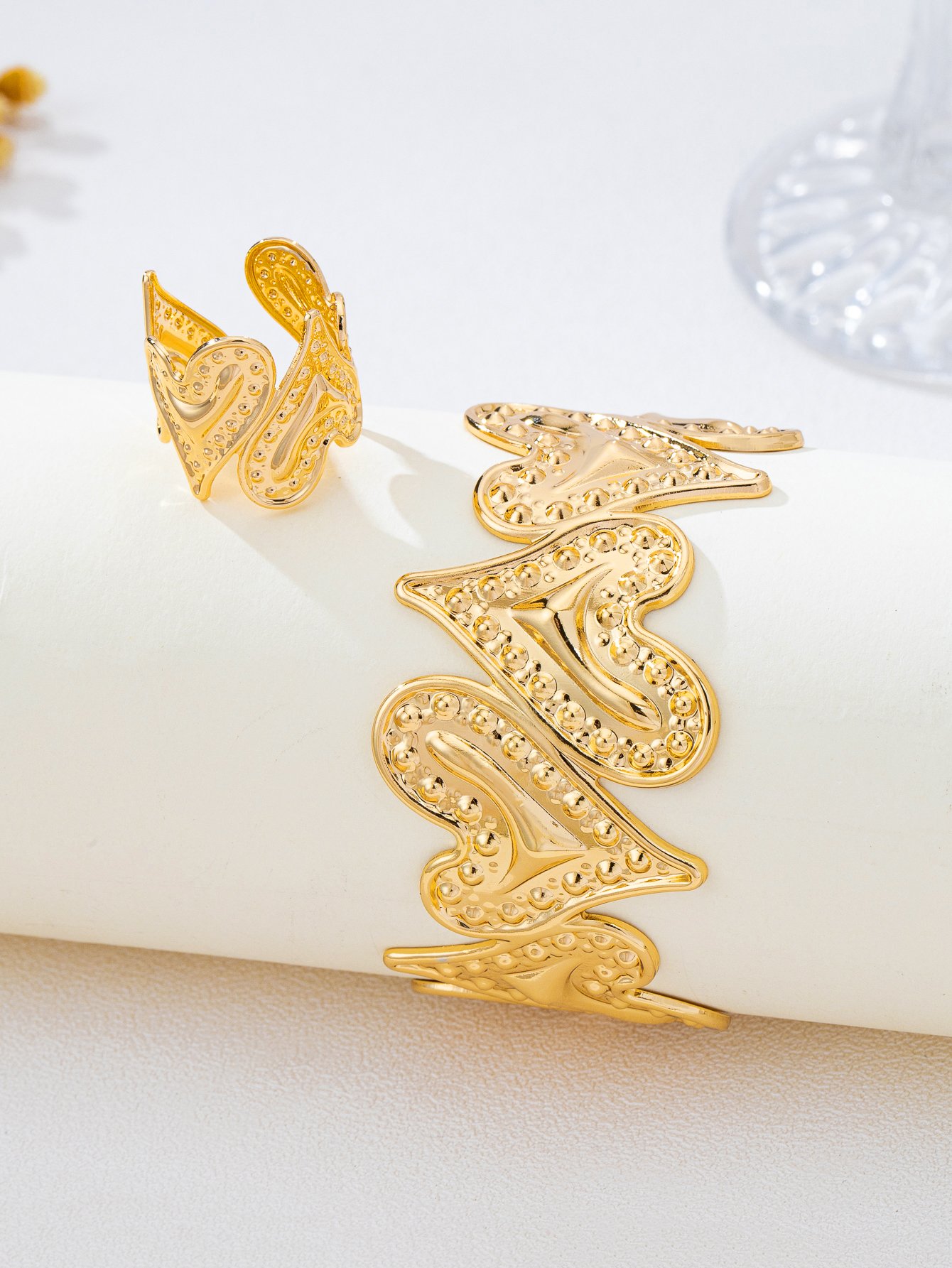 Gold Heart Bangle and Ring Set - Casual Everyday Jewelry.