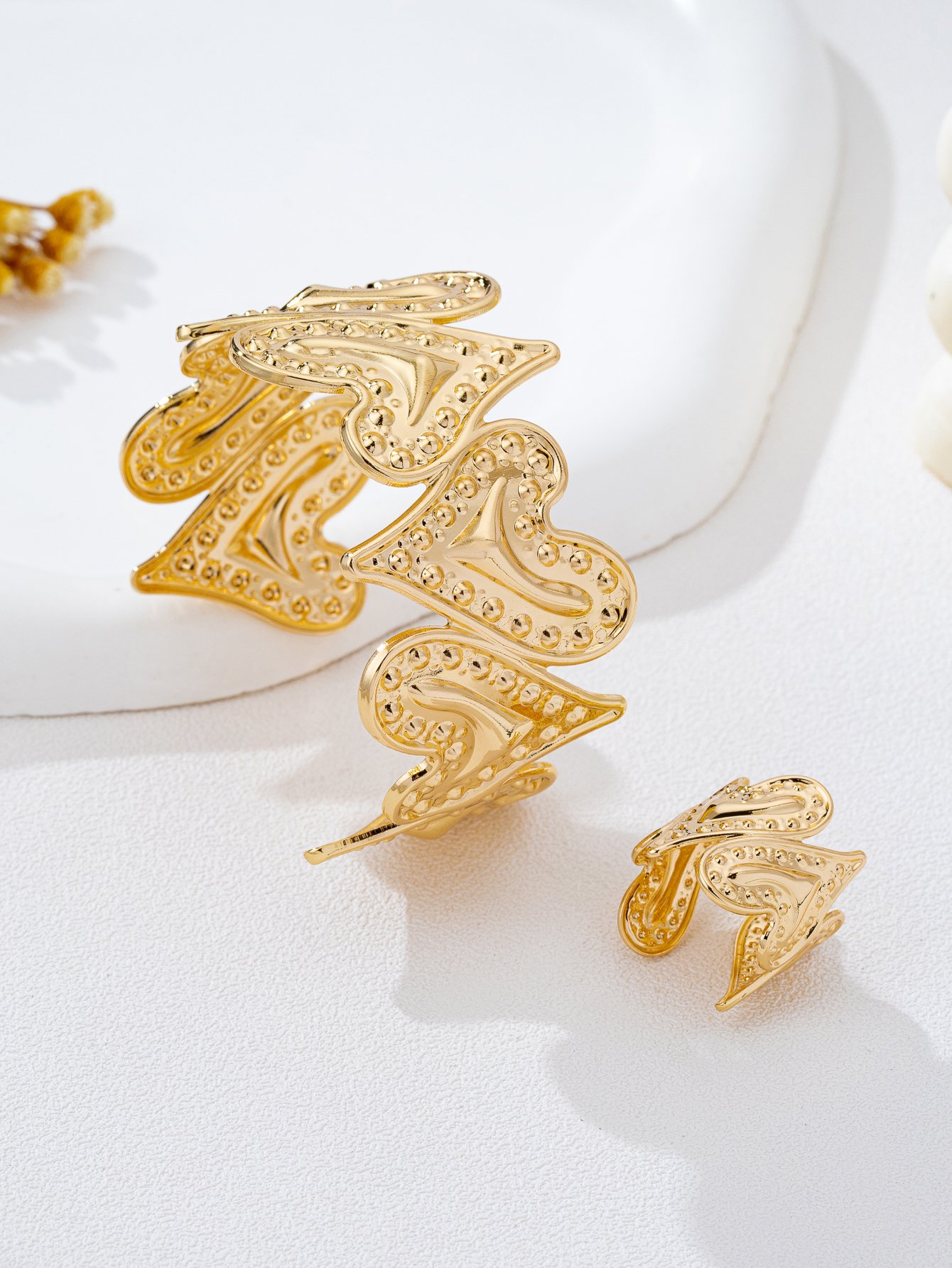Gold Heart Bangle and Ring Set - Casual Everyday Jewelry.