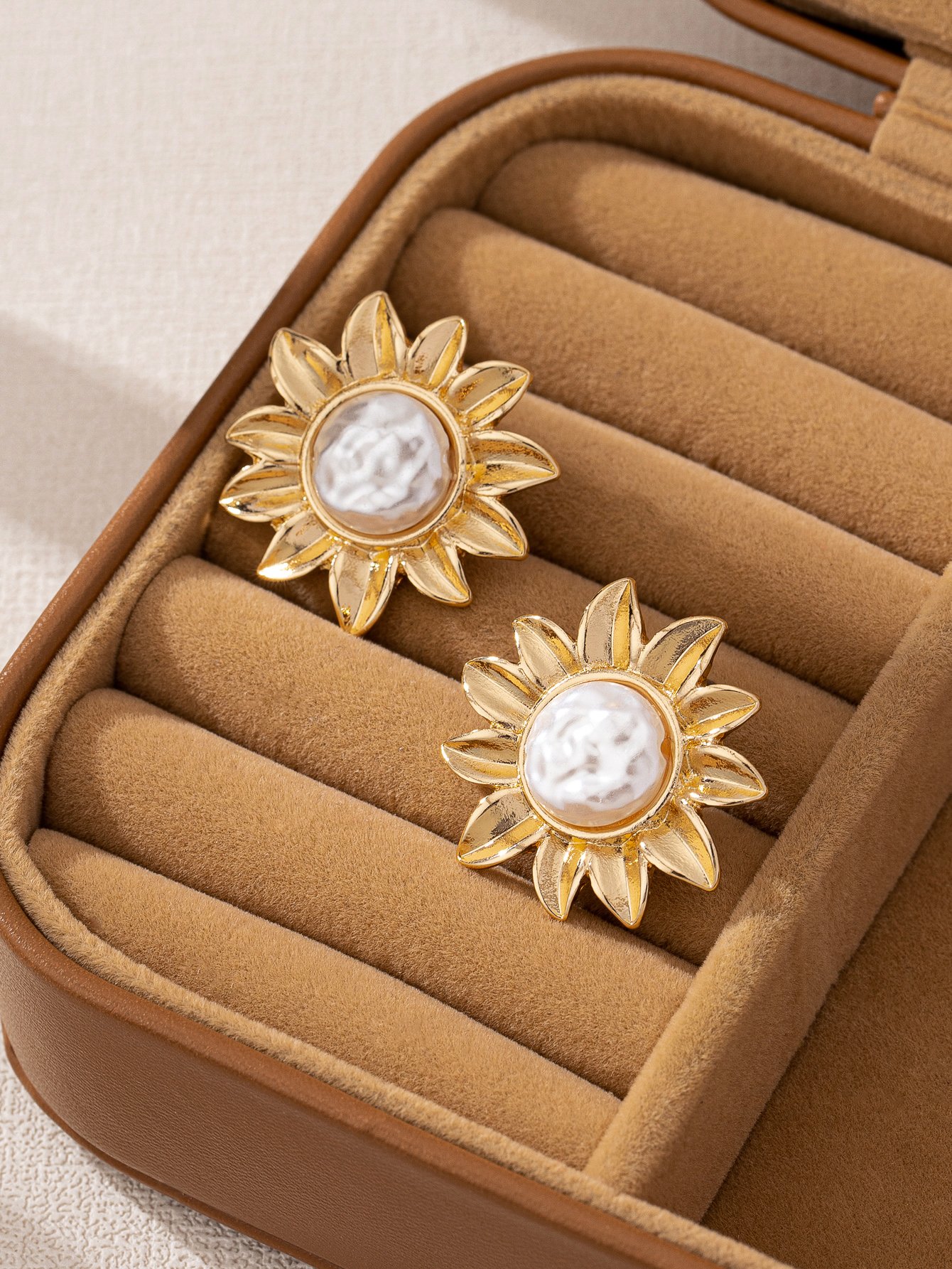Golden Sunflower Stud Earrings with Pearl Center - Casual 