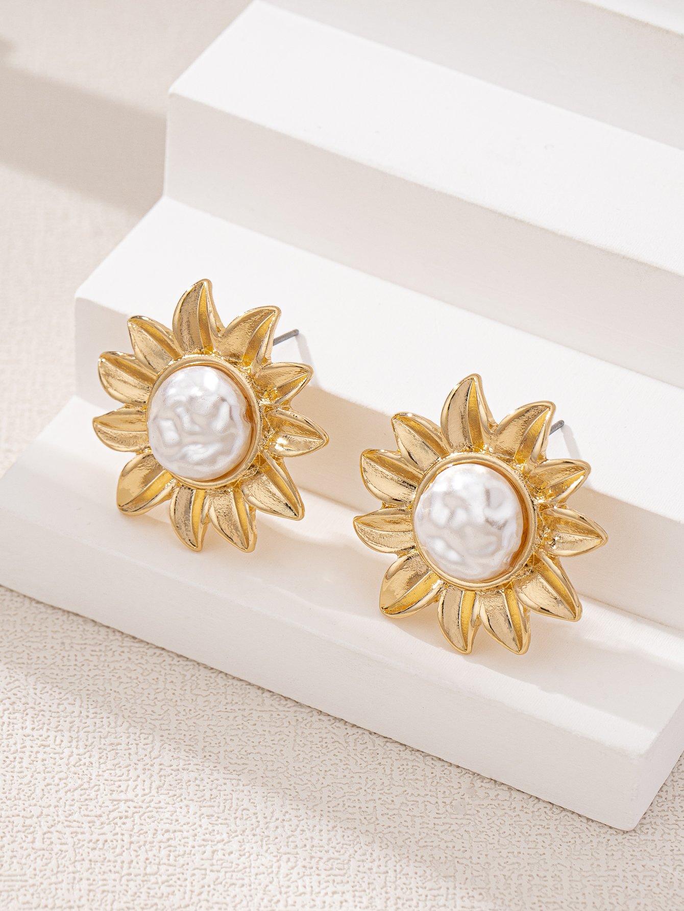 Golden Sunflower Stud Earrings with Pearl Center - Casual 