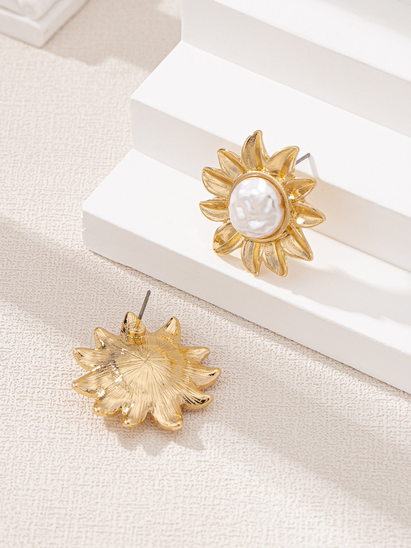 Golden Sunflower Stud Earrings with Pearl Center - Casual 