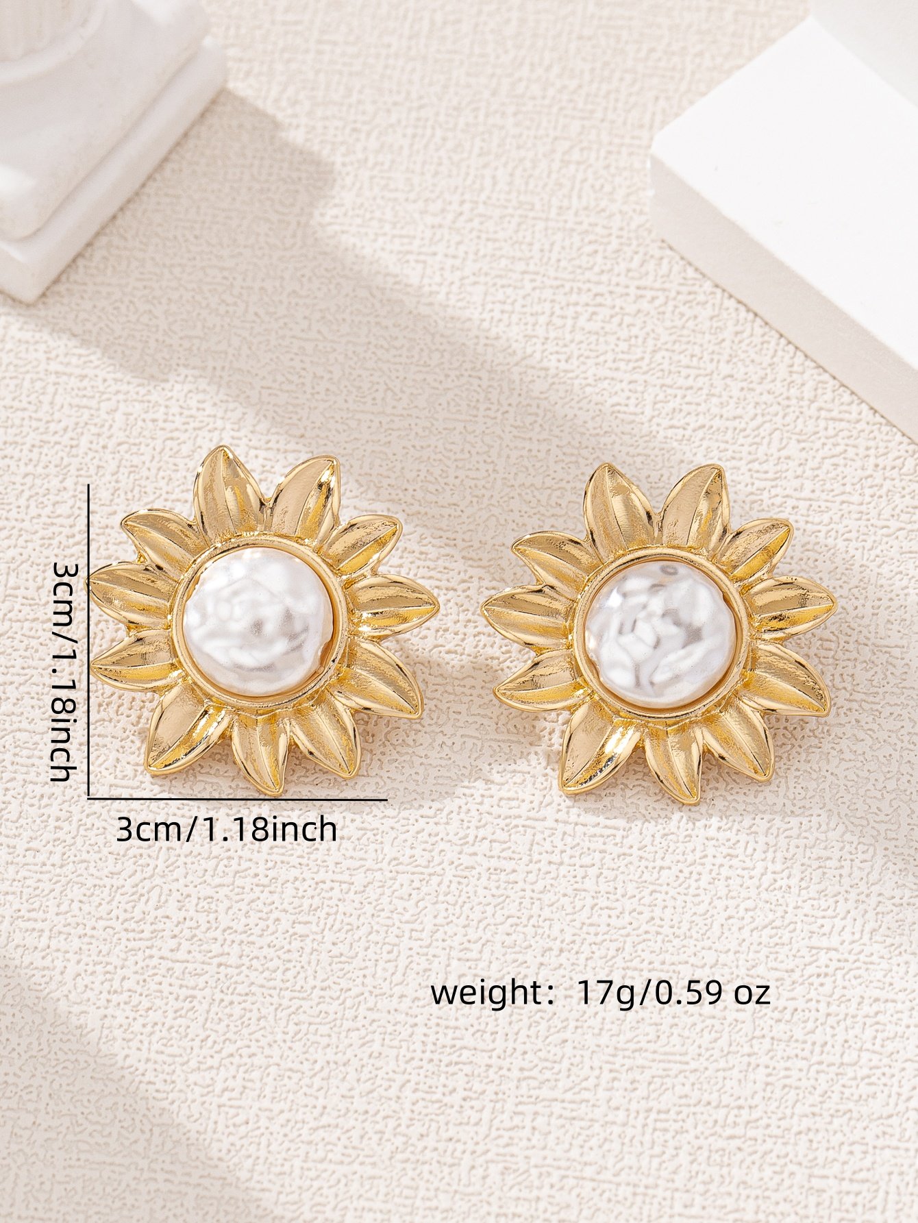 Golden Sunflower Stud Earrings with Pearl Center - Casual 