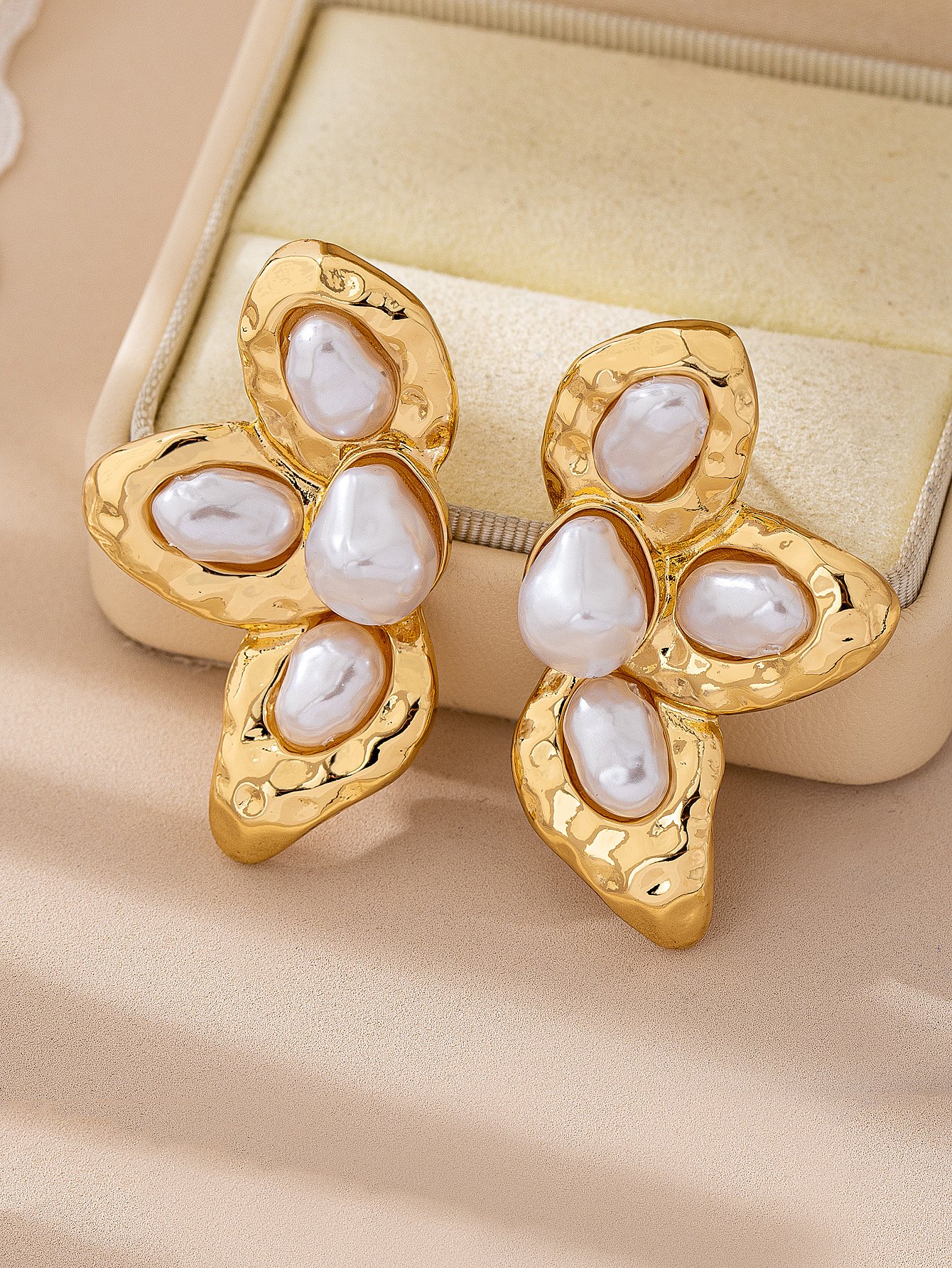 Gold Irregular Pearl Stud Earrings for Women - Casual 