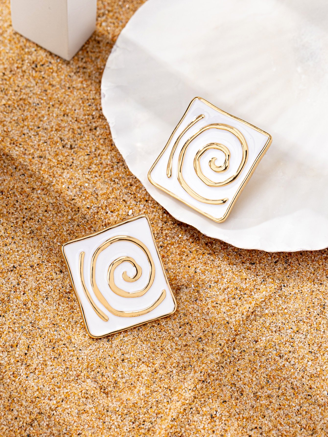 Gold-Plated White Enamel Spiral Square Stud Earrings
