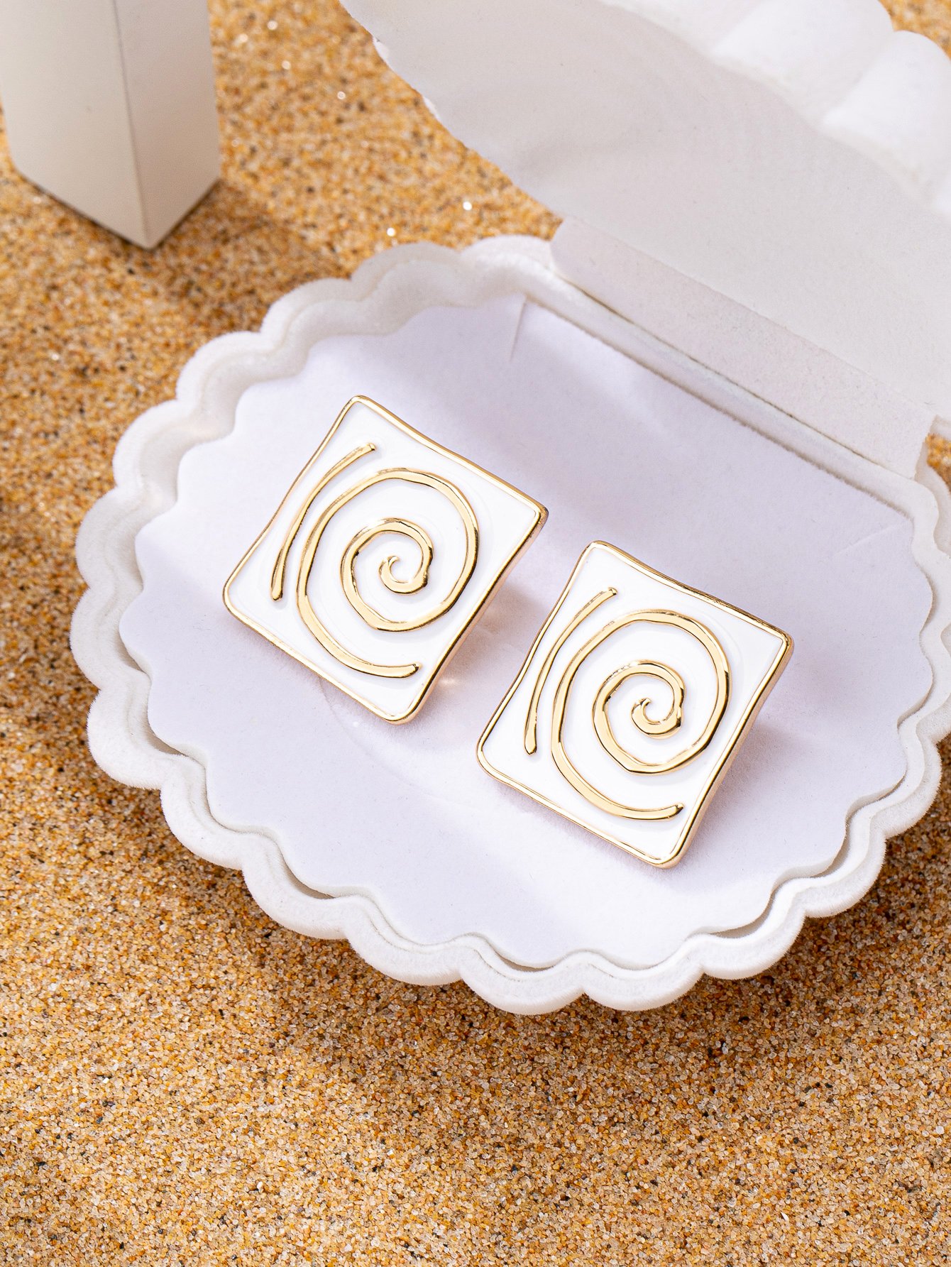 Gold-Plated White Enamel Spiral Square Stud Earrings