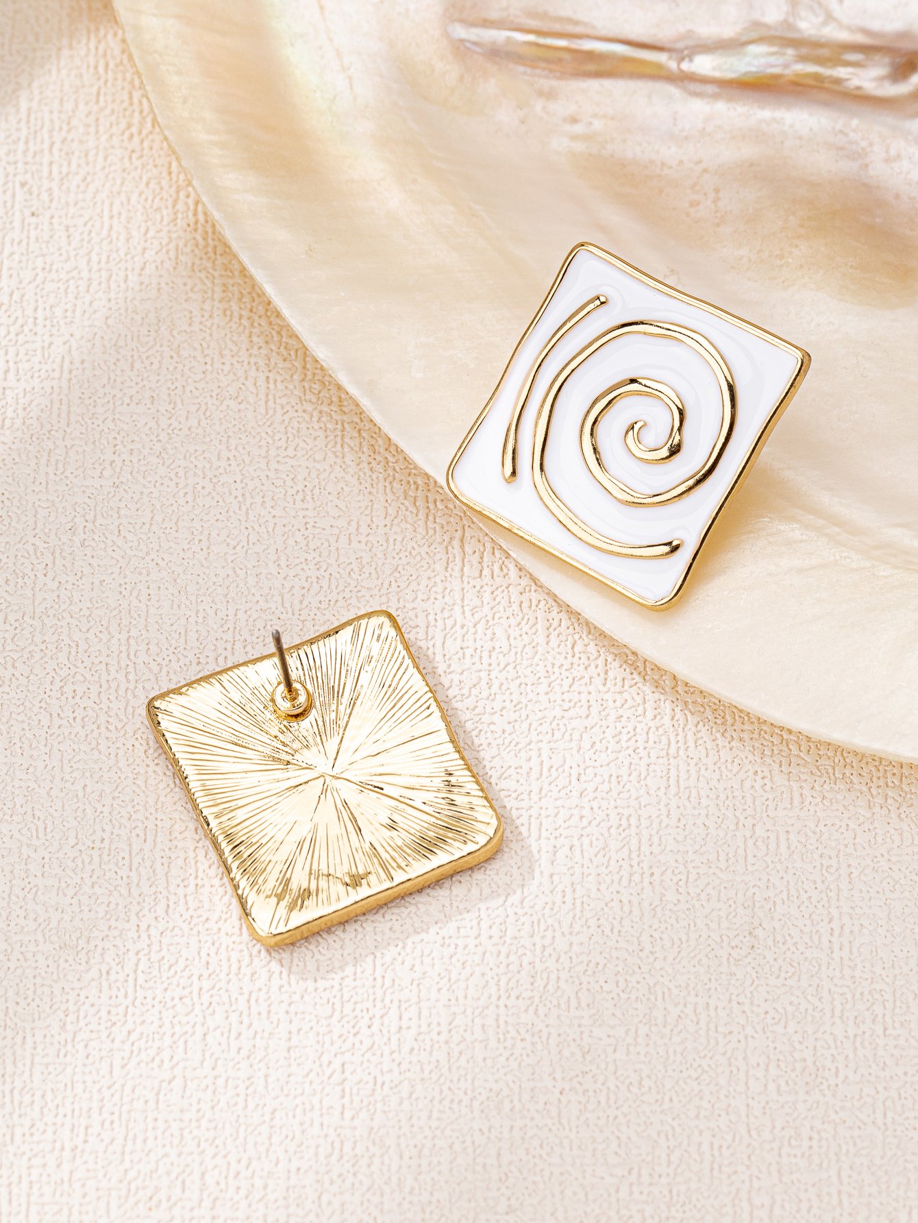 Gold-Plated White Enamel Spiral Square Stud Earrings