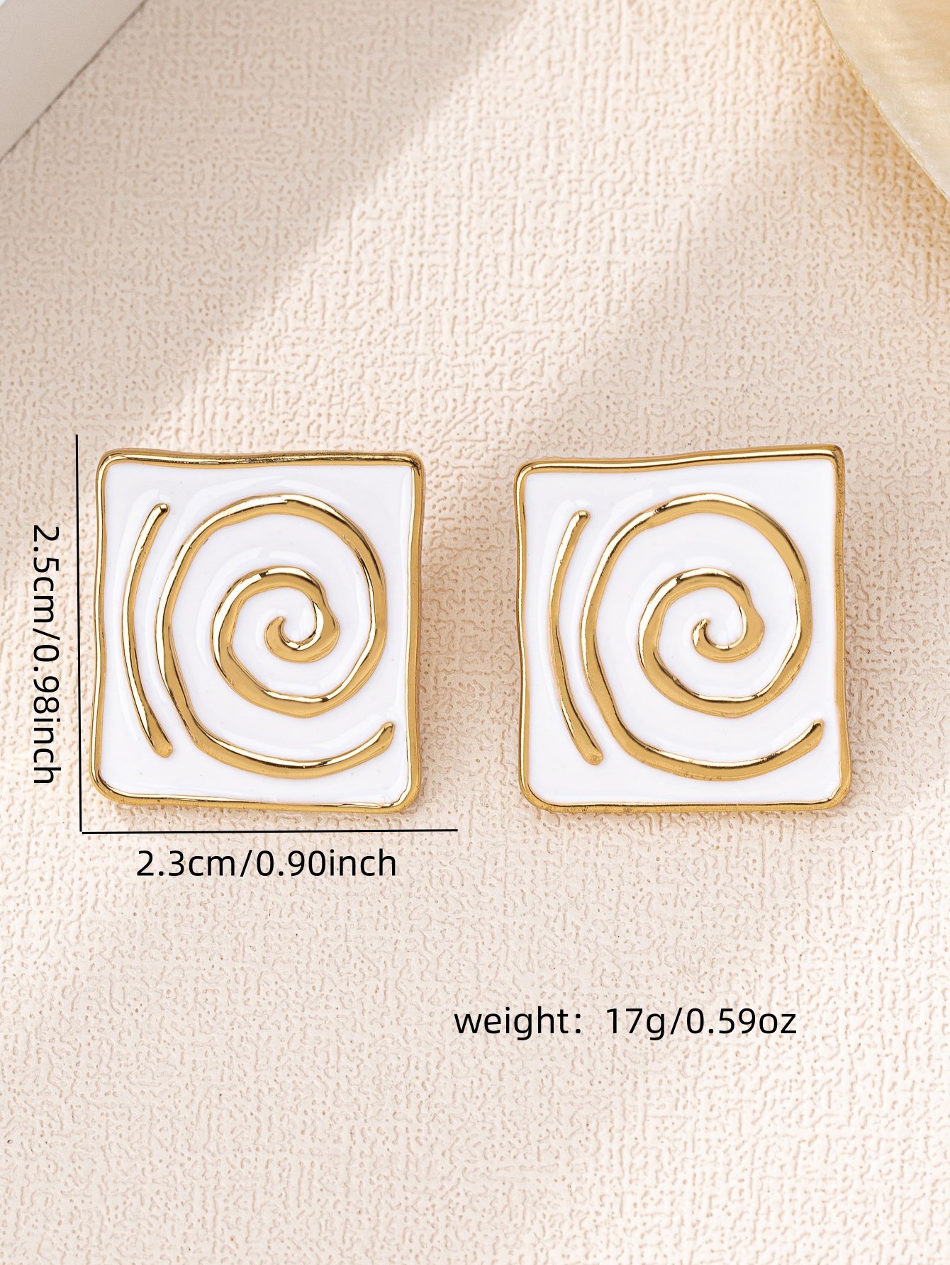 Gold-Plated White Enamel Spiral Square Stud Earrings