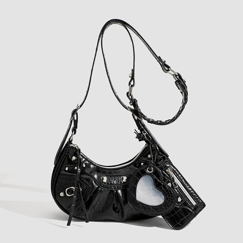 Black Croc-Textured Crescent Crossbody Bag with Studs