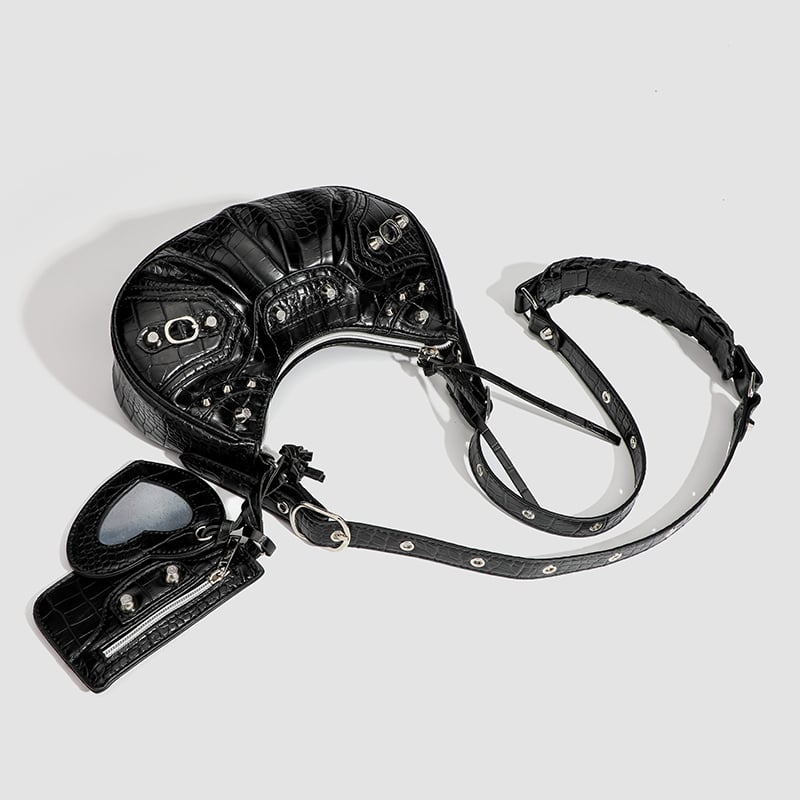 Black Croc-Textured Crescent Crossbody Bag with Studs