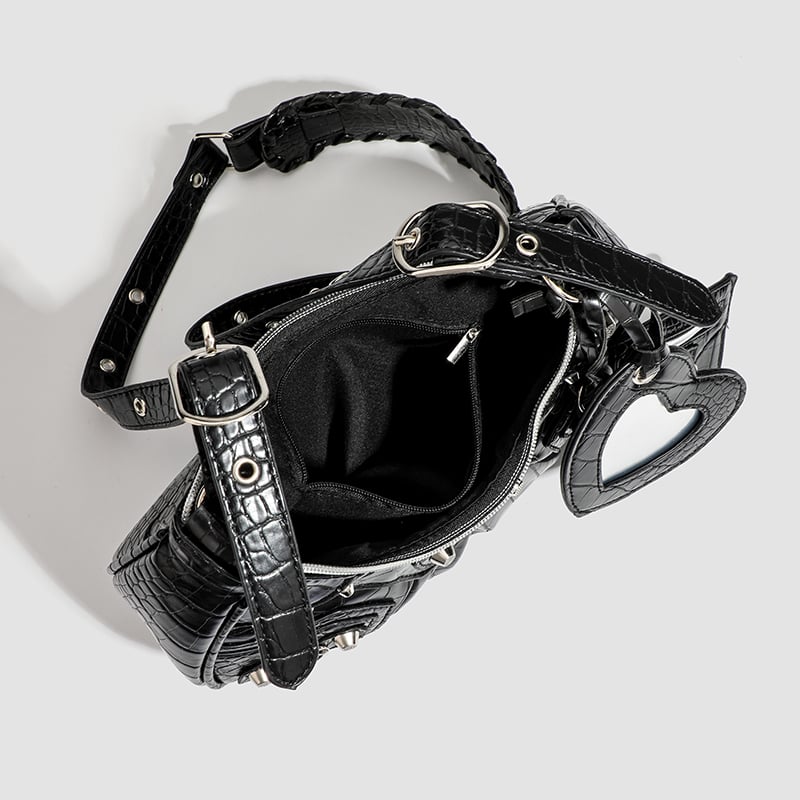 Black Croc-Textured Crescent Crossbody Bag with Studs