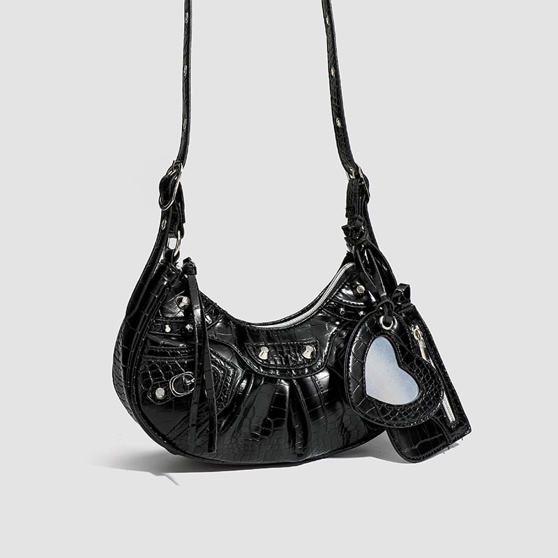 Black Croc-Textured Crescent Crossbody Bag with Studs