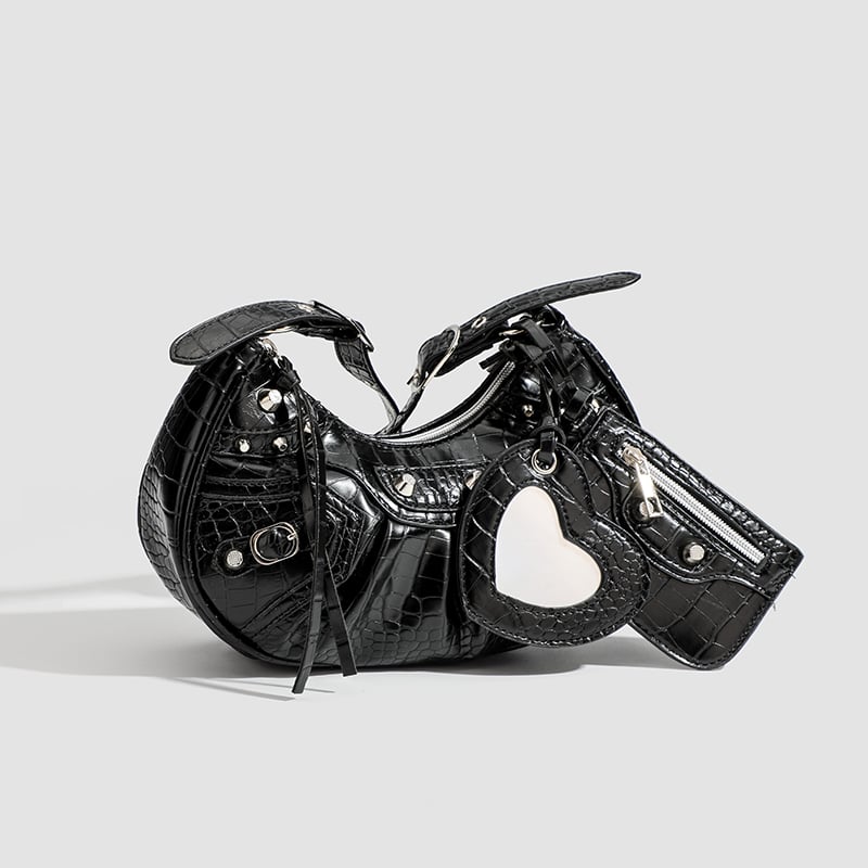 Black Croc-Textured Crescent Crossbody Bag with Studs