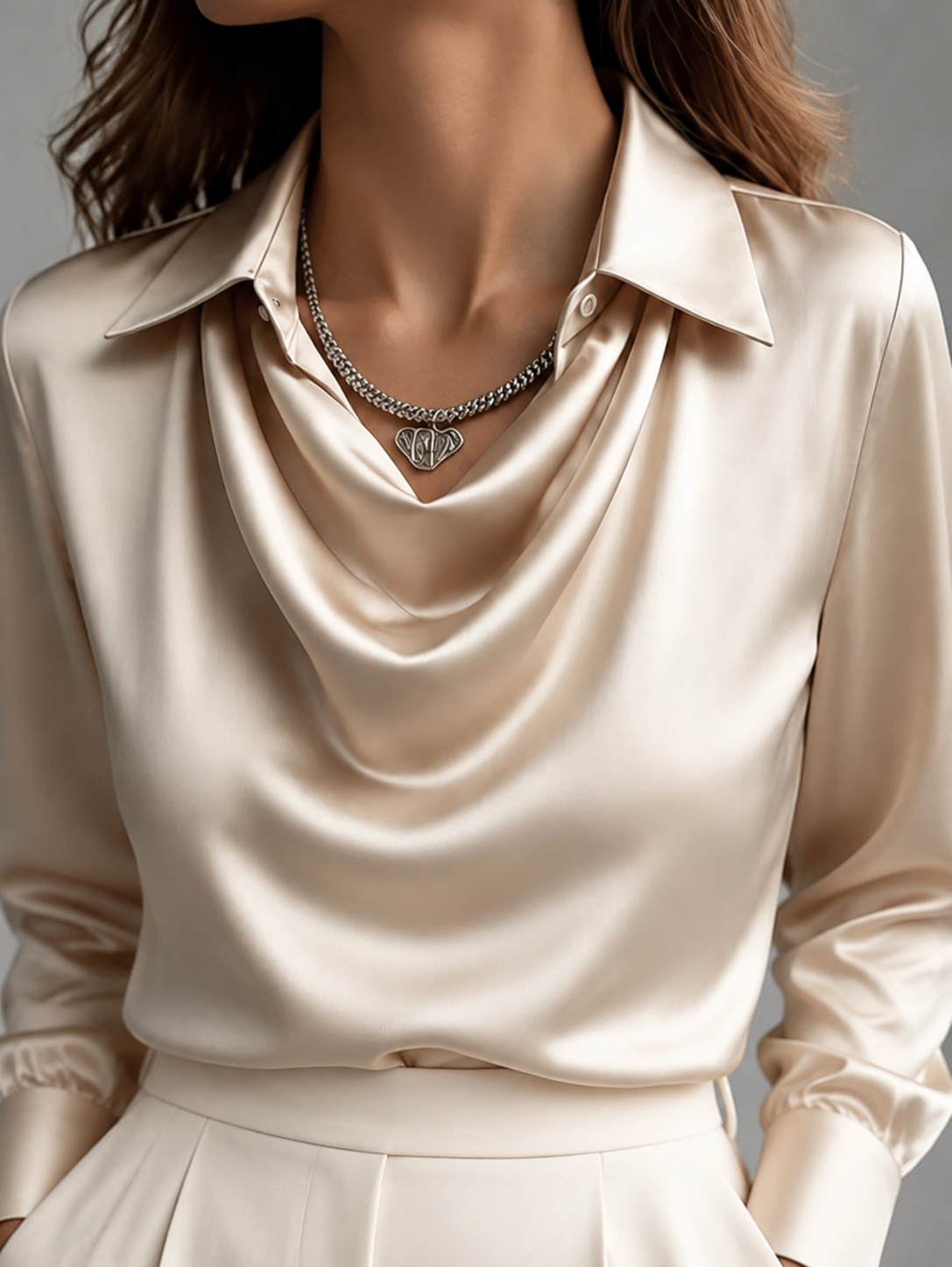 Beige Satin Long Sleeve Blouse