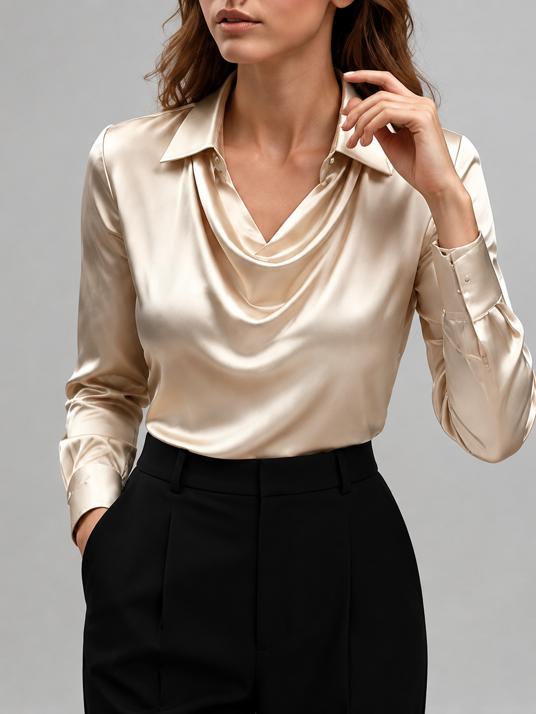 Beige Satin Long Sleeve Blouse