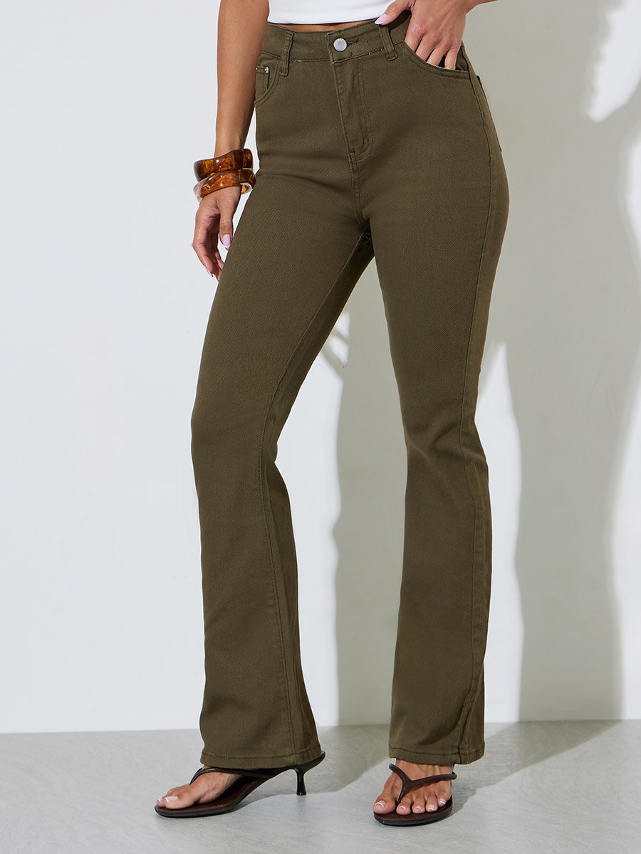 Khaki Solid Mid-Rise Flare Jeans