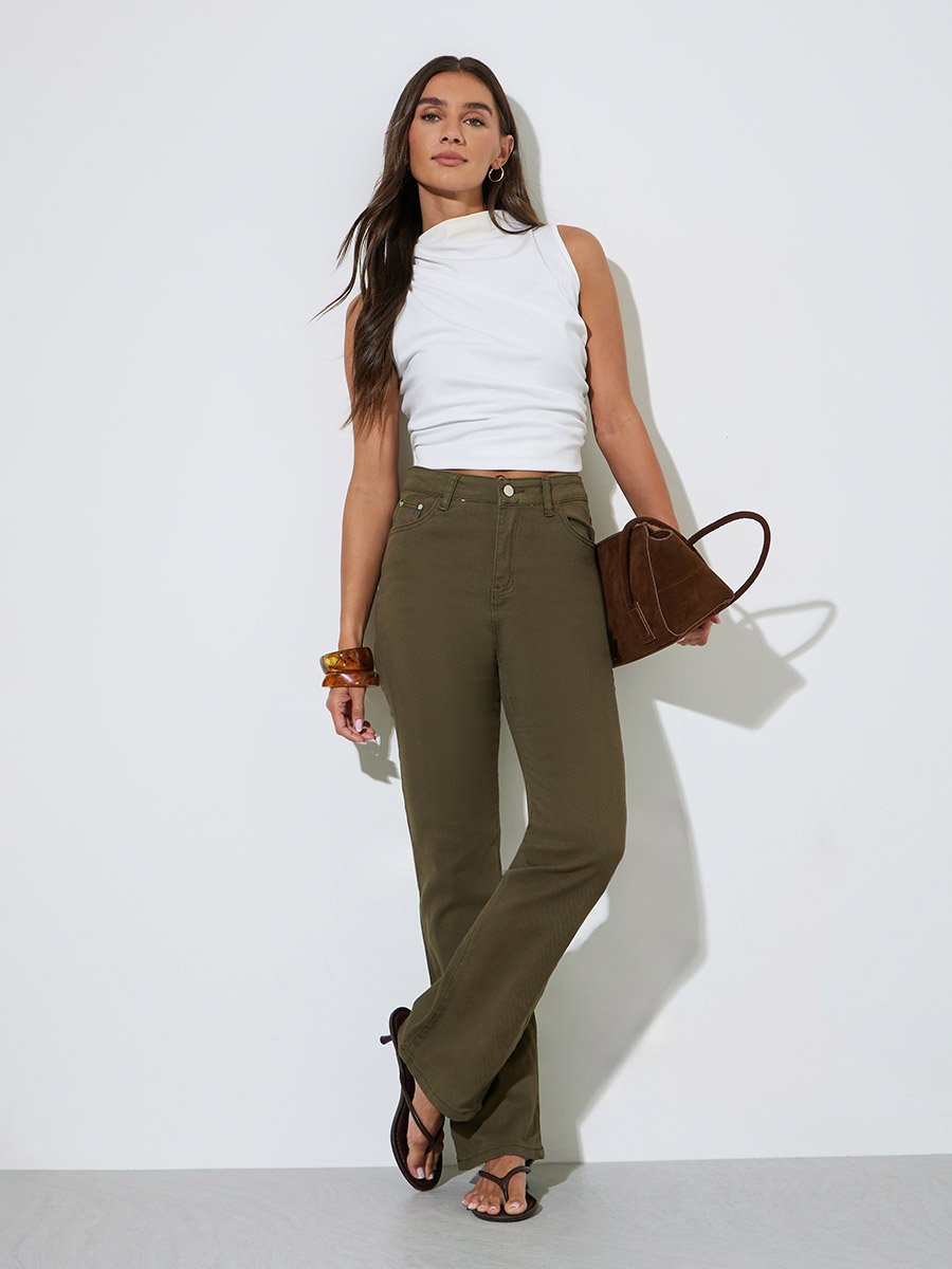 Khaki Solid Mid-Rise Flare Jeans